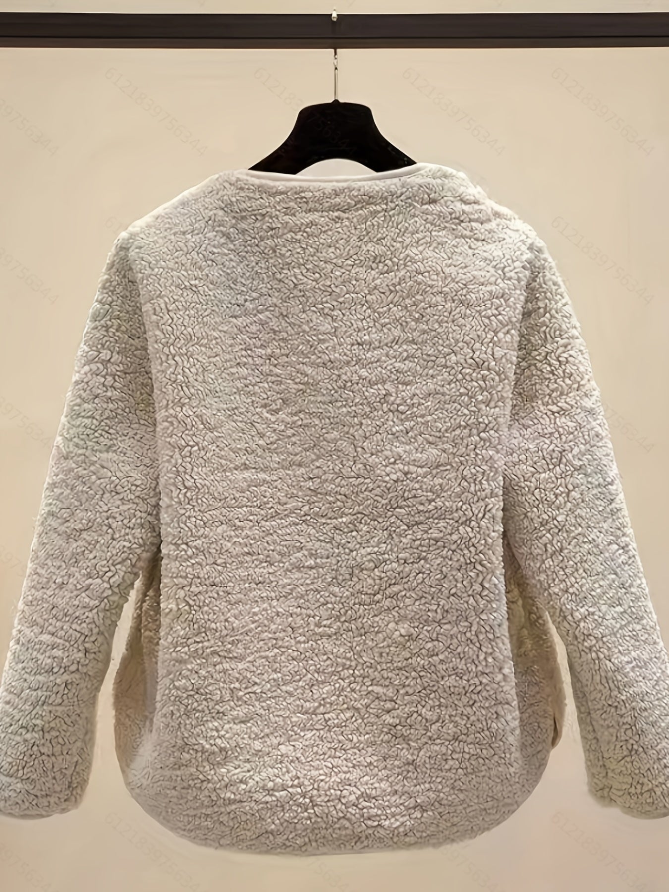 Sixsr Solid Pocket Front Teddy Coat, Casual Crew Neck Long Sleeve Outerwear, Women's Clothing