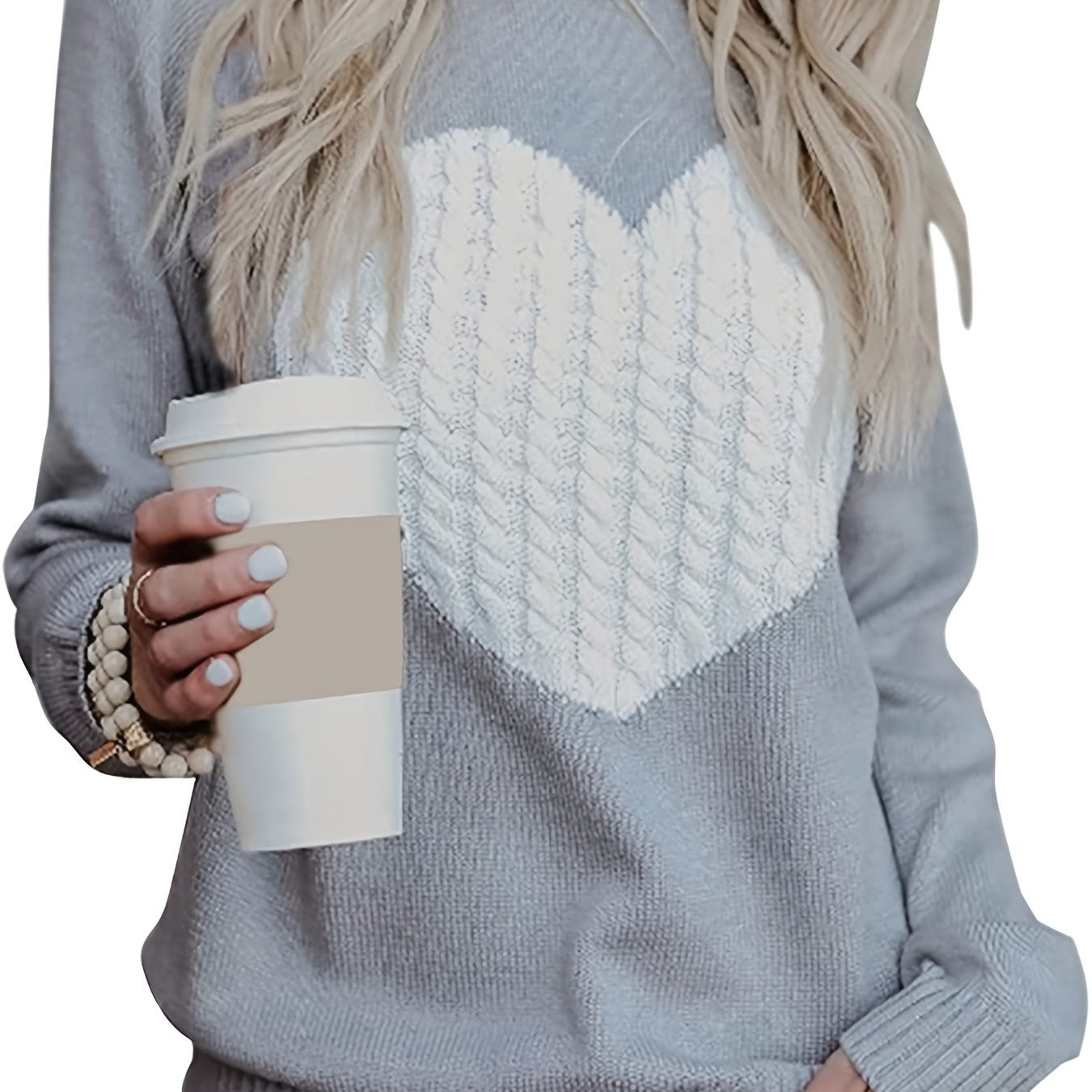 Sixsr Heart Graphic Long Sleeve Sweater, Crew Neck Casual Sweater, Women's Clothing
