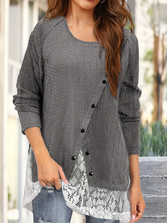 Sixsr Plus Size Casual Knit Top, Women's Plus Colorblock Contrast Lace Button Decor Jacquard Long Sleeve Round Neck Knit Top