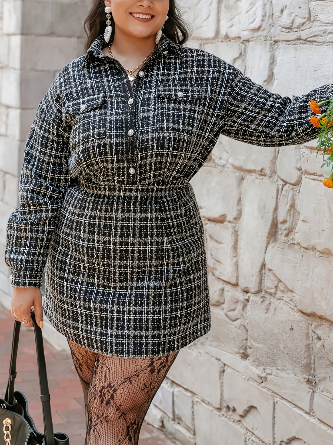 Sixsr Plus Size Tweed Plaid Print Faux Pearl Button Long Sleeve Coat, Women's Plus Elegant Coat