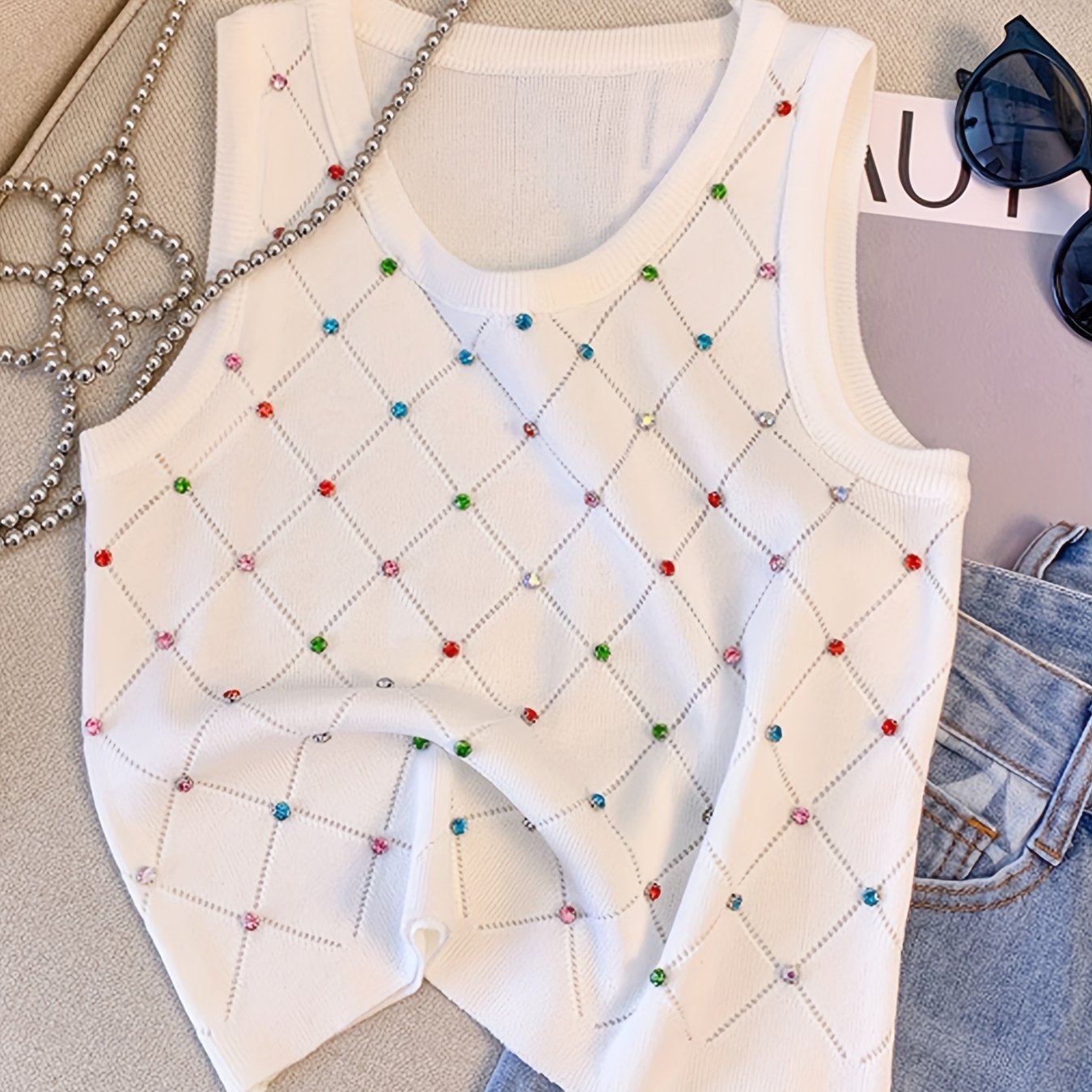 Sixsr Colorful Rhinestone Knitted Tank Top, Casual Crew Neck Sleeveless Tank Top For Summer, Women's Clothing