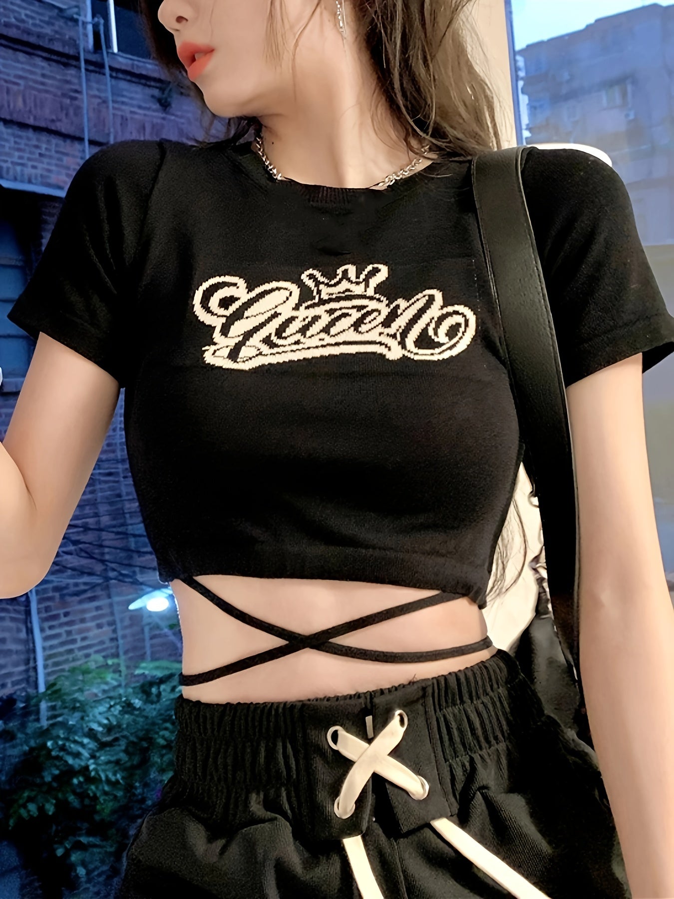 Sixsr Letter Print Crew Neck Crop Tee, Y2K Short Sleeve Tied Top For Spring & Summer, Women's Clothing