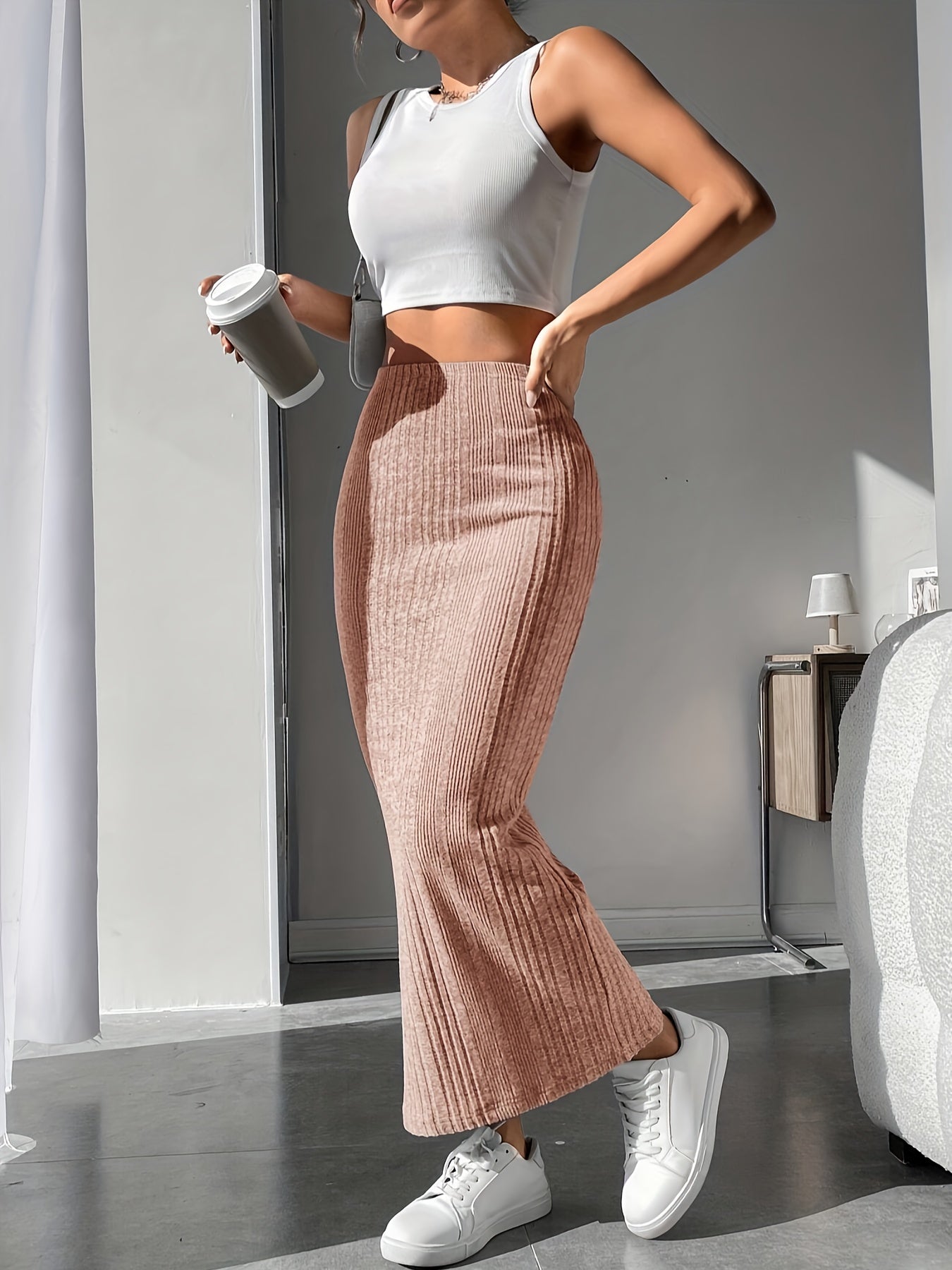 Sixsr Solid Ribbed High Waist Skirt, Casual Ankle Length Skirt For Spring & Fall, Women's Clothing