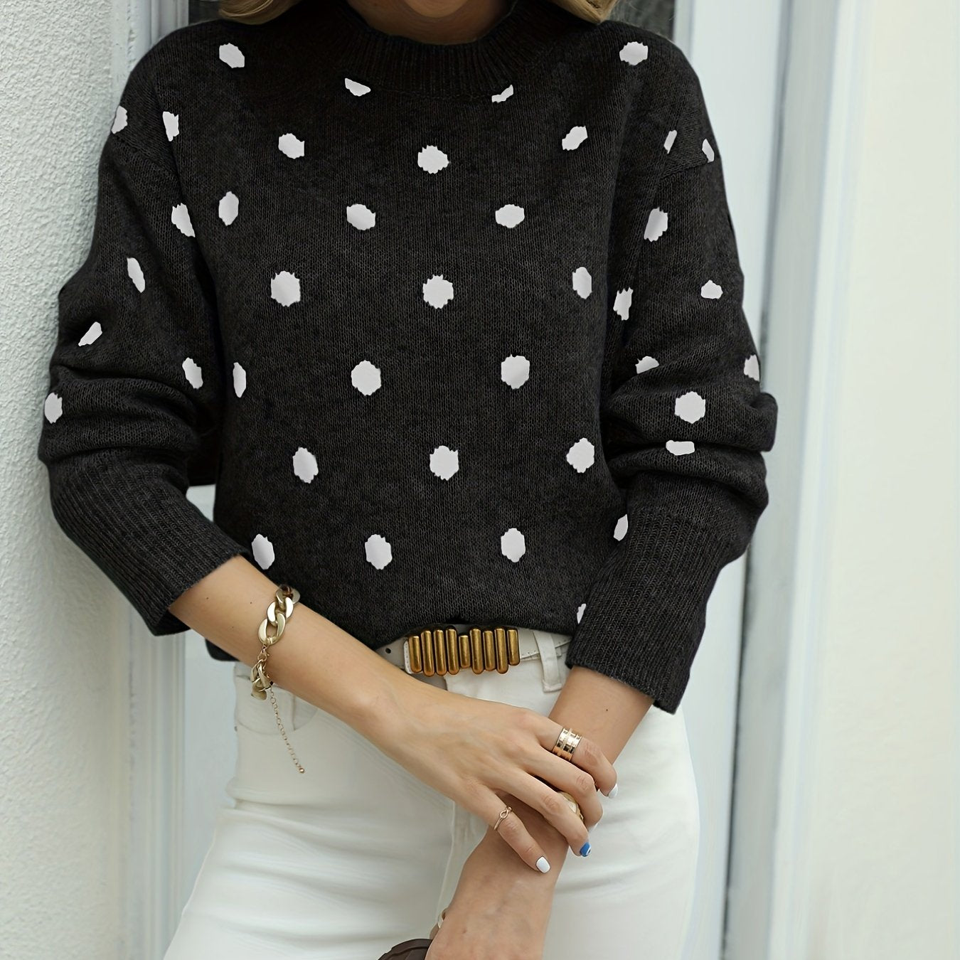 Sixsr Polka Dot Crew Neck Pullover Sweater, Casual Long Sleeve Sweater For Fall & Winter, Women's Clothing