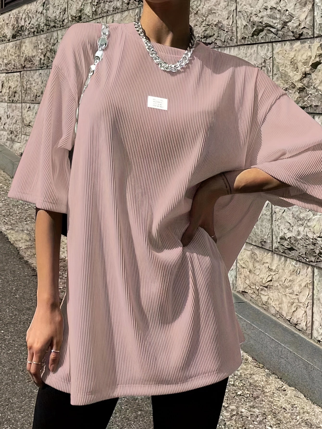 Sixsr Oversized Drop Shoulder Ribbed T-Shirt, Casual Crew Neck Short Sleeve T-Shirt For Spring & Summer, Women's Clothing
