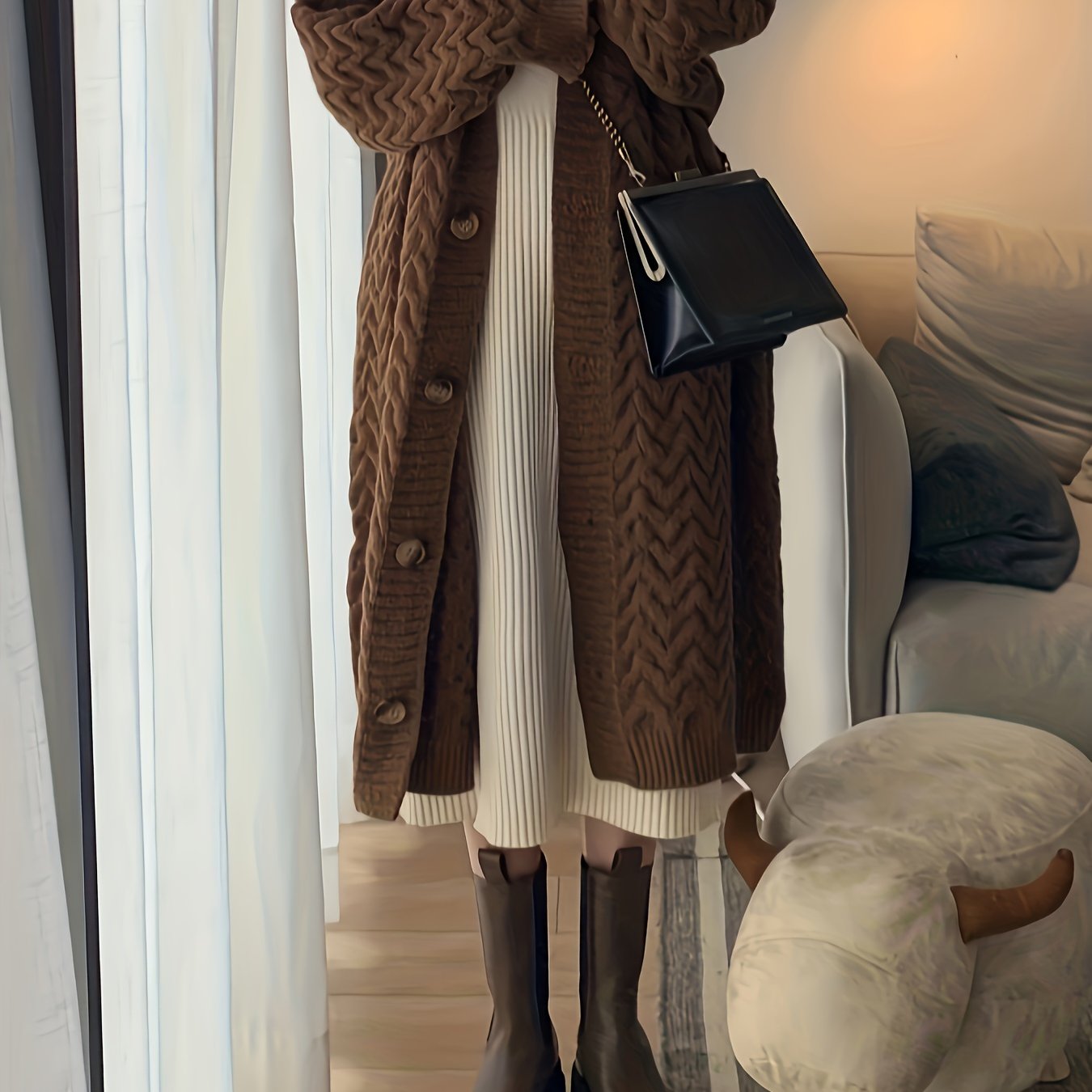 Sixsr Solid Button Down Cable Knit Cardigan, Casual Long Sleeve Mid Length Sweater Coat, Women's Clothing
