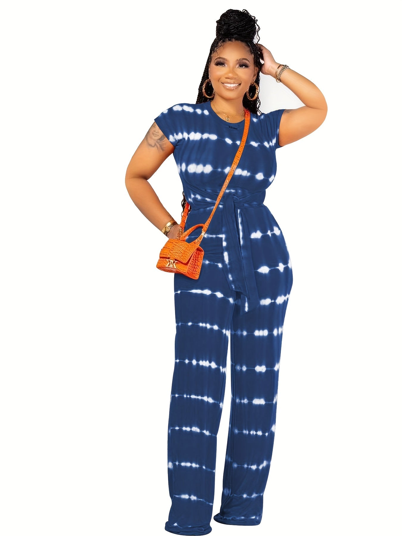two-piece Tie Dye Casual Set for Women - Short Sleeve Lace Up T-shirt and Straight Leg Pants Outfit for Comfortable and Stylish Look
