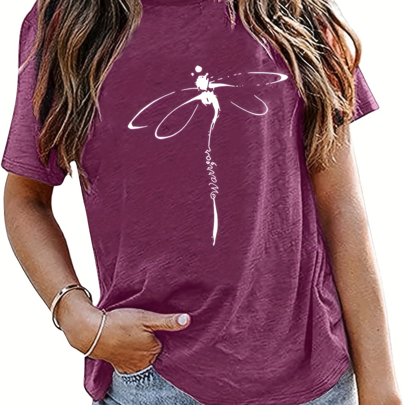 Sixsr Dragonfly Print Crew Neck T-Shirt, Casual Short Sleeve T-Shirt For Spring & Summer, Women's Clothing
