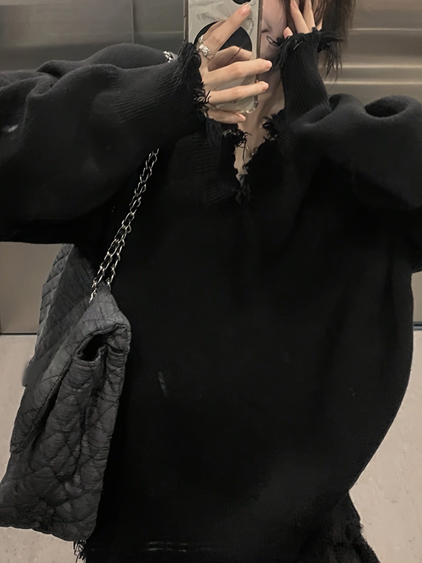 Sixsr Solid V Neck Pullover Sweater, Casual Ripped Long Sleeve Oversized Sweater, Women's Clothing