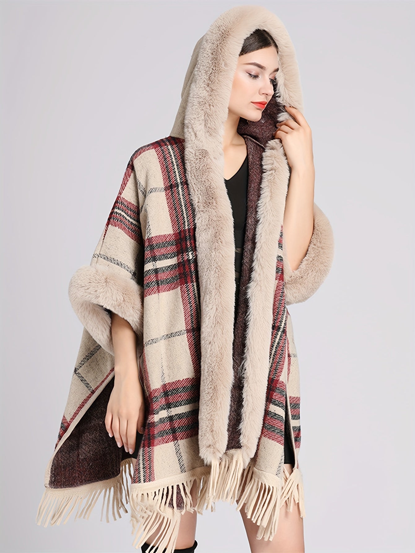 Sixsr Fuzzy Trim Plaid Cape Cardigan, Elegant Tassel Open Front Shawl Tops, Women's Clothing