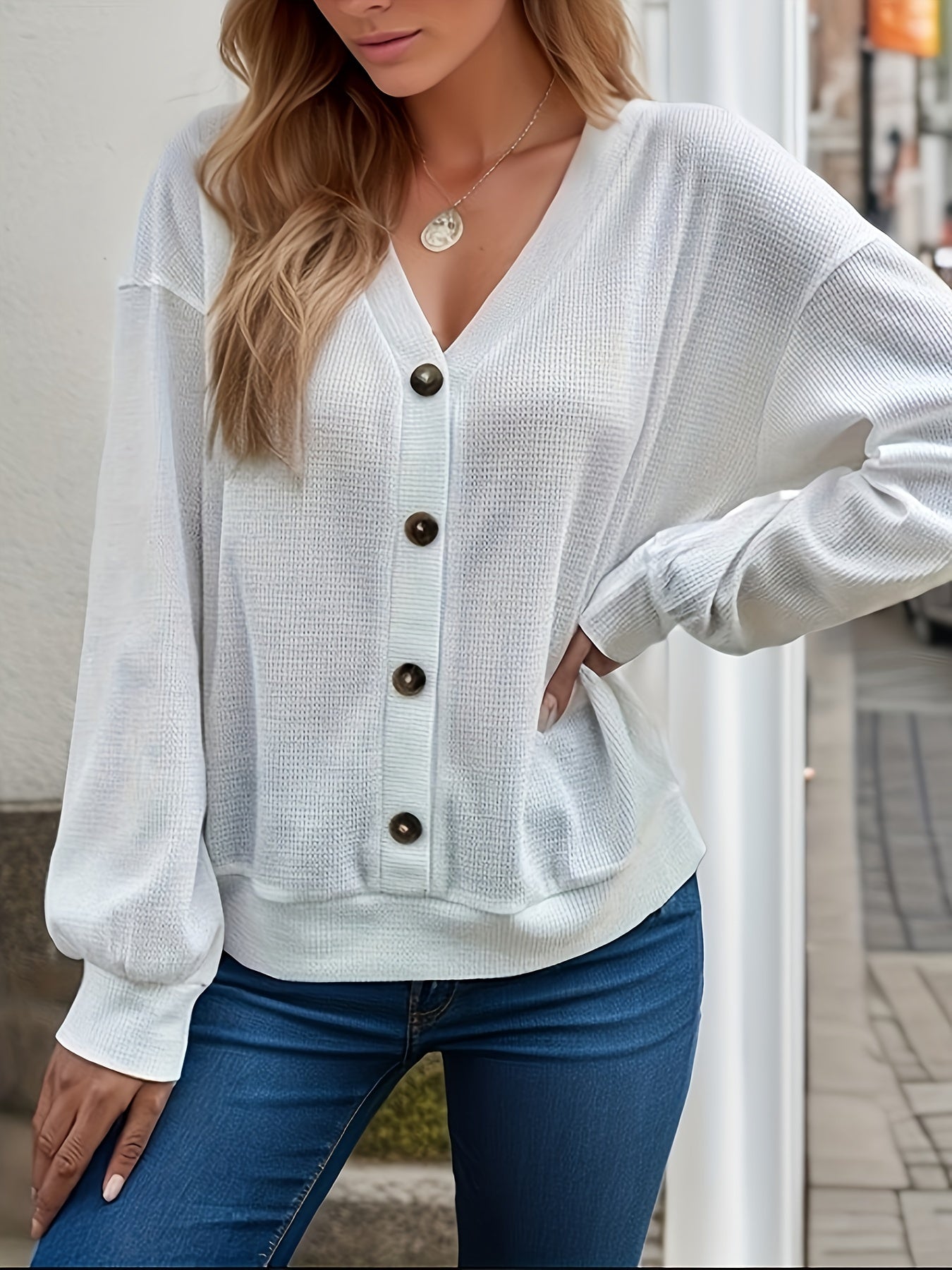 Sixsr Plus Size Casual Sweatshirt, Women's Plus Solid Waffle Button Detail Long Sleeve V Neck Slight Stretch Pullover Sweatshirt, Casual Tops For Fall & Winter, Plus Size Women's Clothing