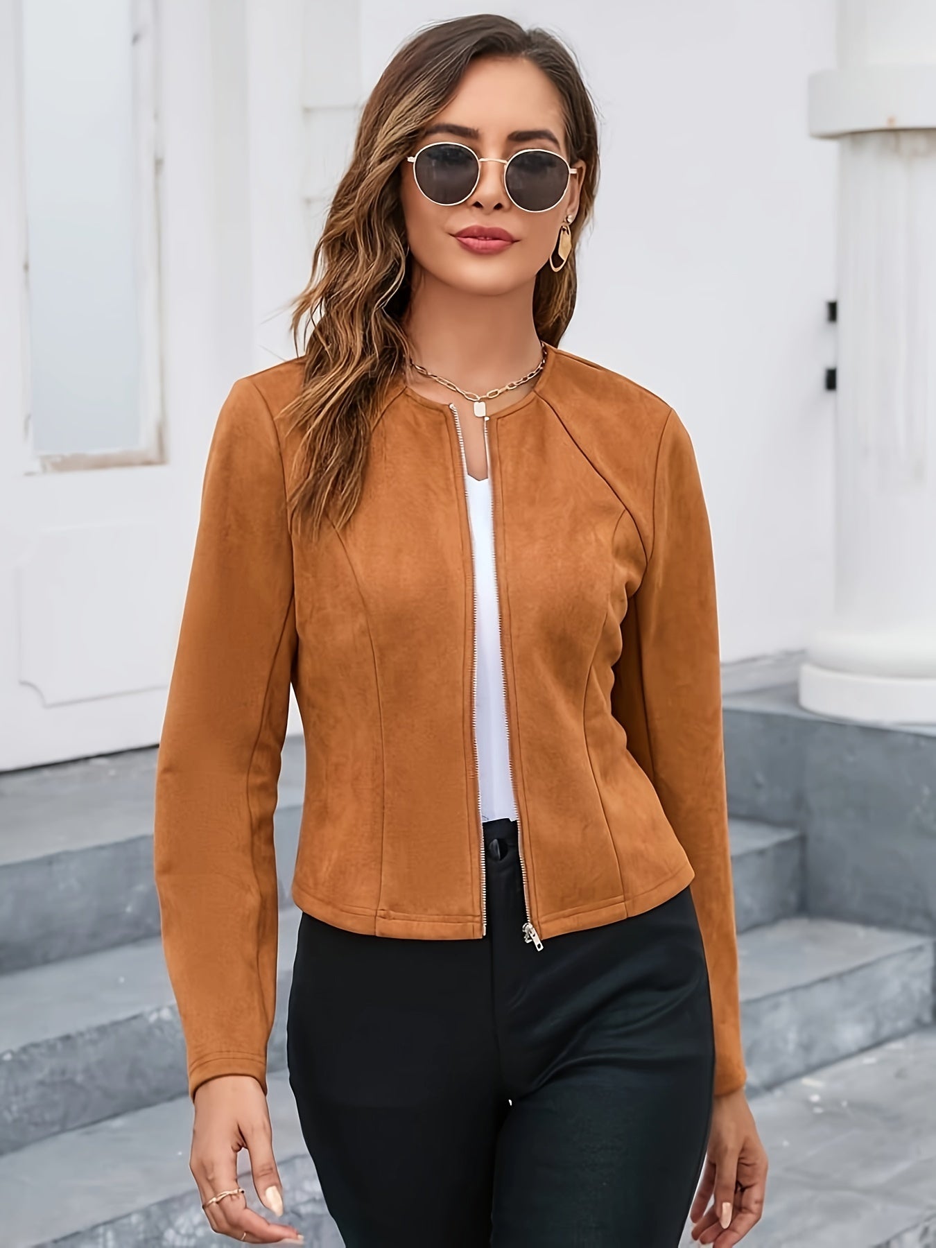 Sixsr Solid Color Zip-up Biker Jacket, Casual Long Sleeve Jacket, Women's Clothing