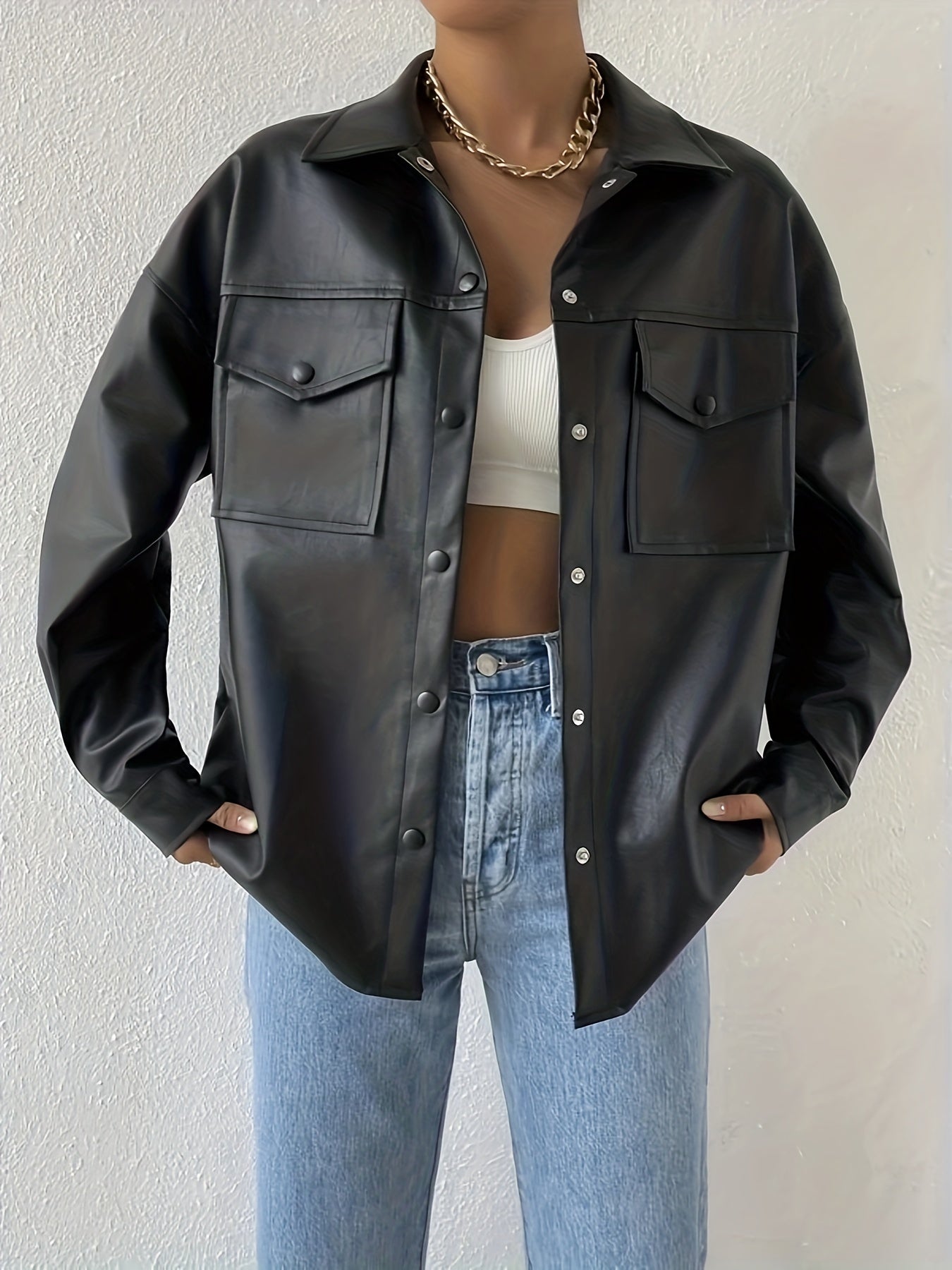 Sixsr Faux Leather Flap Pockets Jacket, Vintage Long Sleeve Drop Shoulder Solid Outwear , Women's Clothing