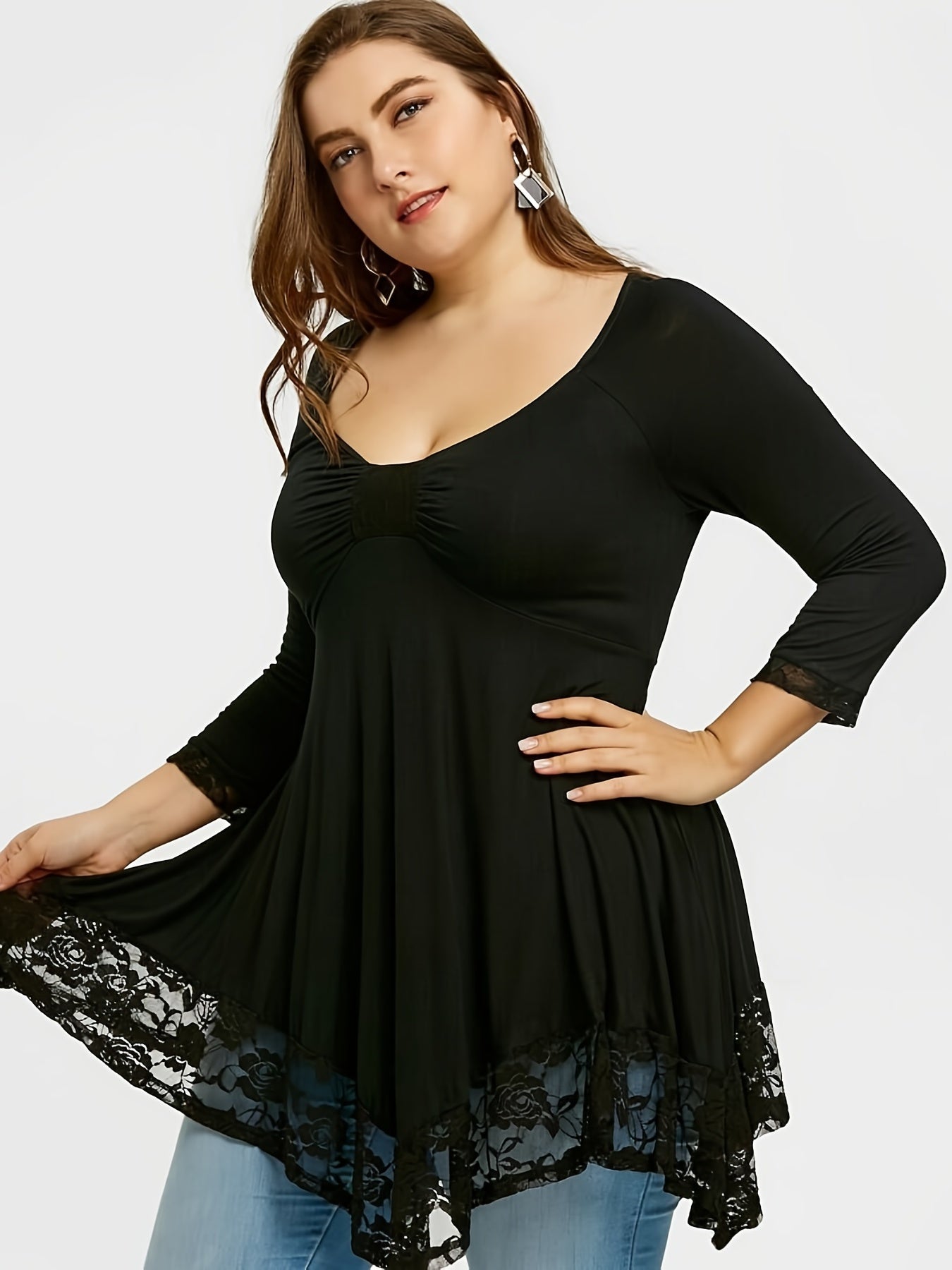 Sixsr Plus Size Floral Jacquard Contrast Lace Solid Tops, Women's Plus Round Neck Long Sleeve Elegant Top
