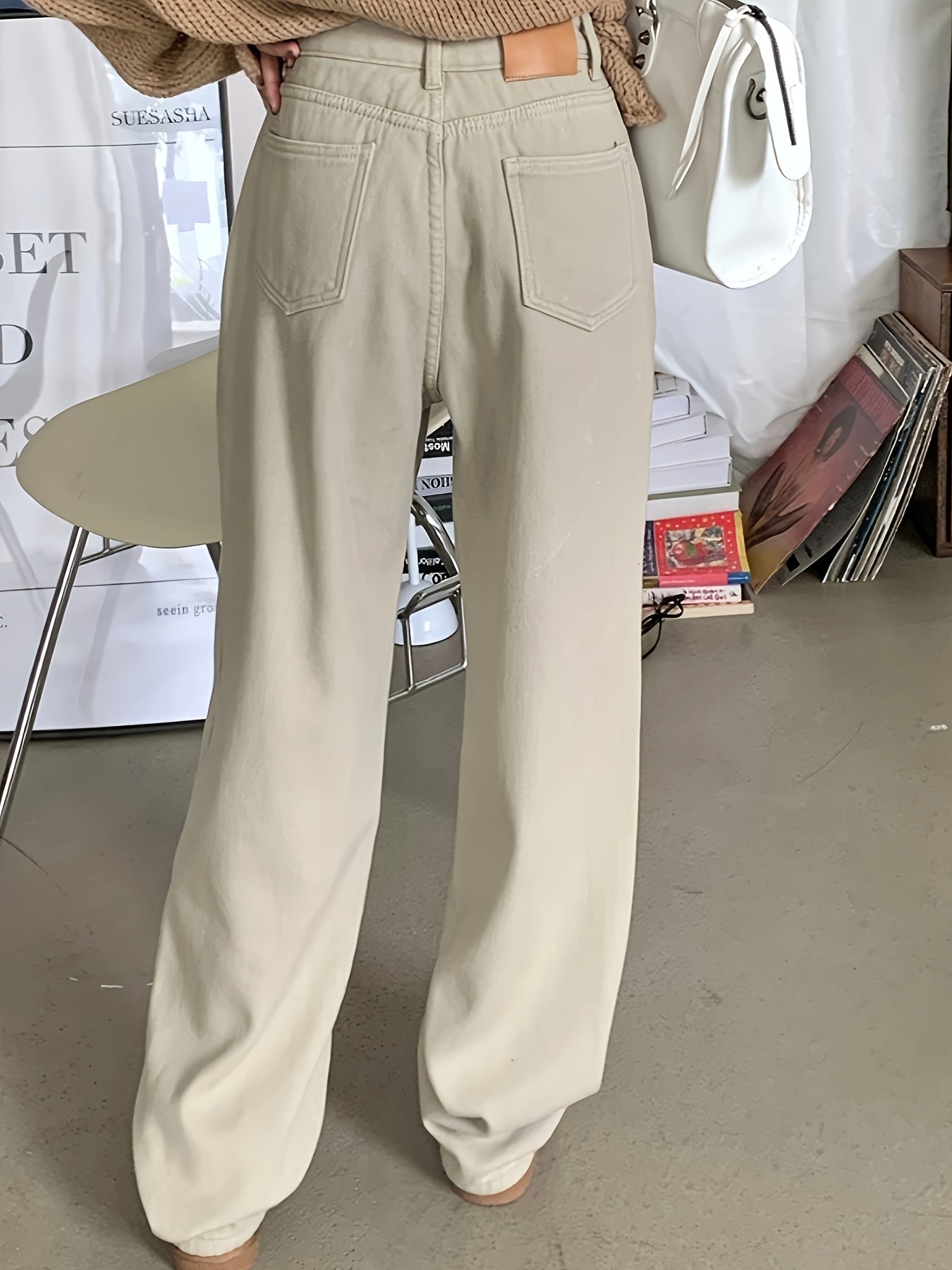 Sixsr Fleece Liner Casual Straight Jeans, Loose Fit Keep Warm Denim Pants, Women's Denim Jeans & Clothing