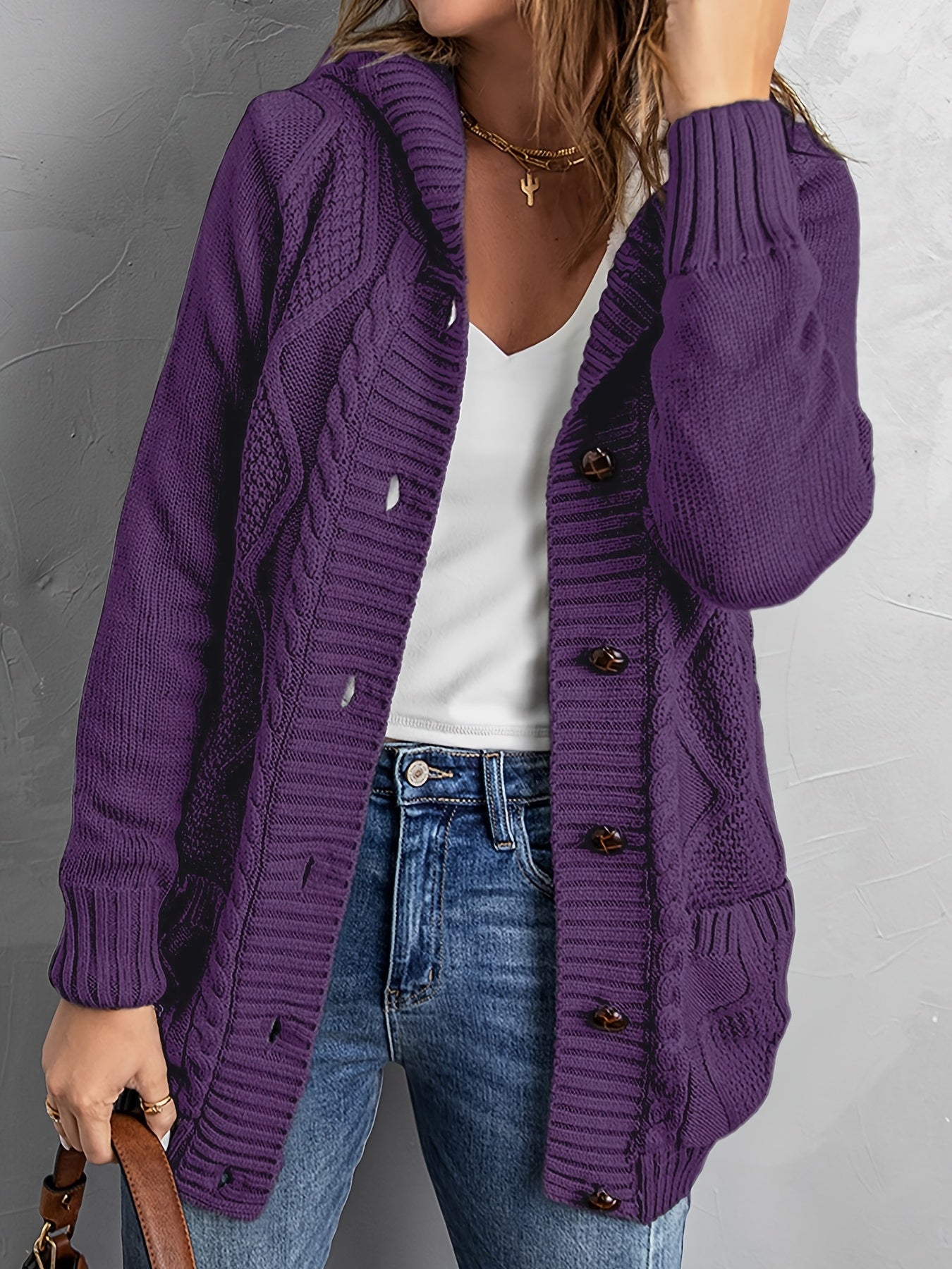 Sixsr Oversized Knit Hoodie, Long Chunky Knit Front Pocket Hooded Cardigan Sweater, Casual Tops For Fall & Winter, Women's Clothing