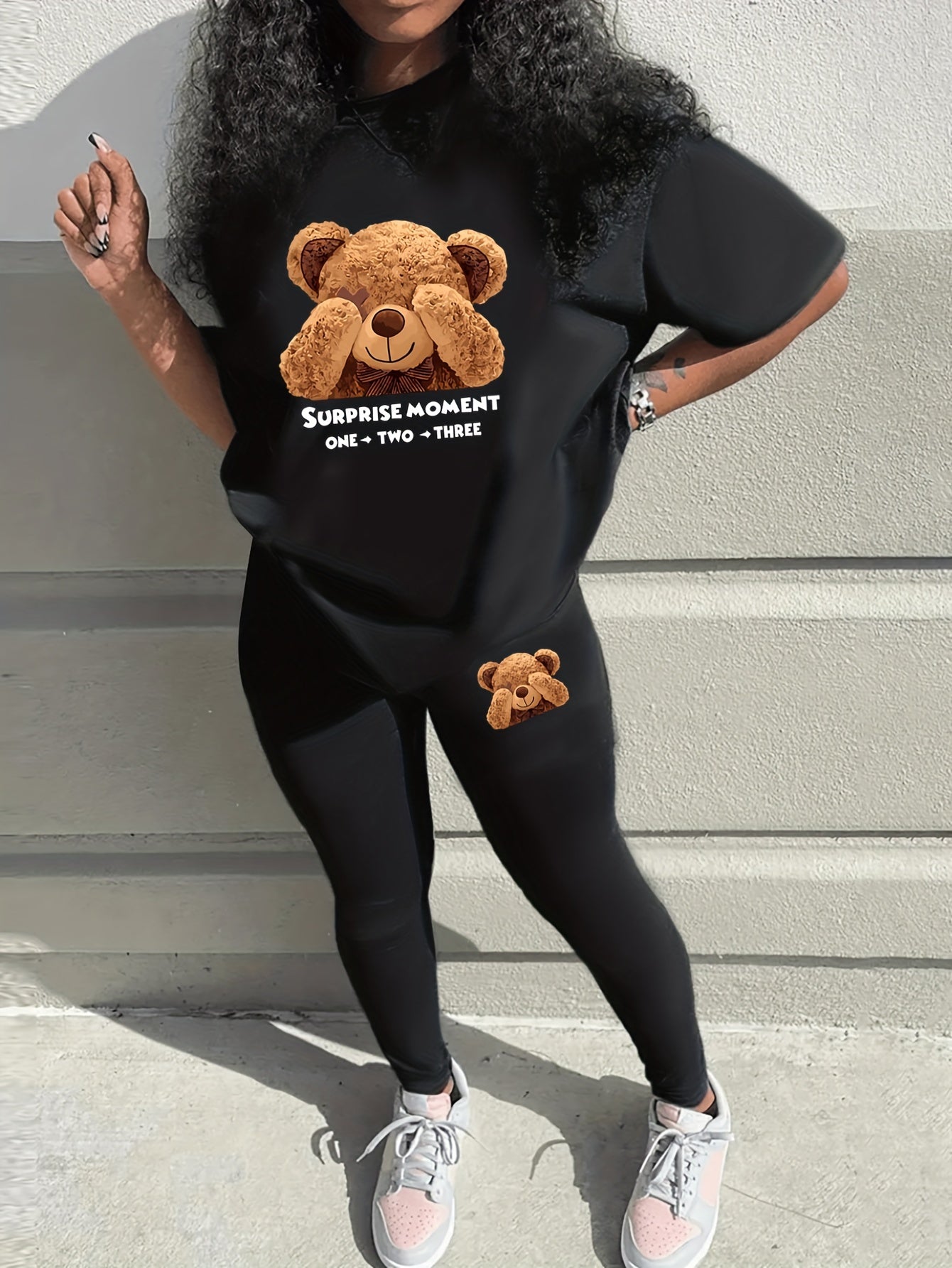 Sixsr Teddy Bear Print Two Piece Set, Short Sleeve T-Shirt & Pants, Women's Clothing
