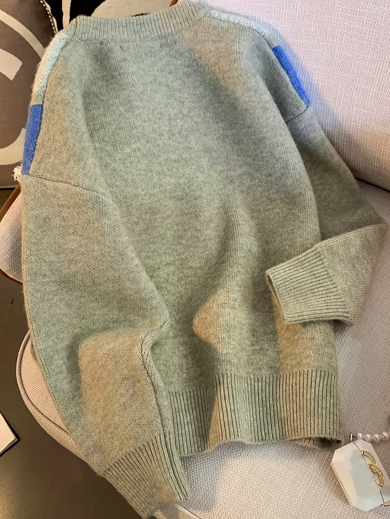 Sixsr Color Block Plaid Pullover Sweater, Casual Long Sleeve Crew Neck Sweater, Women's Clothing