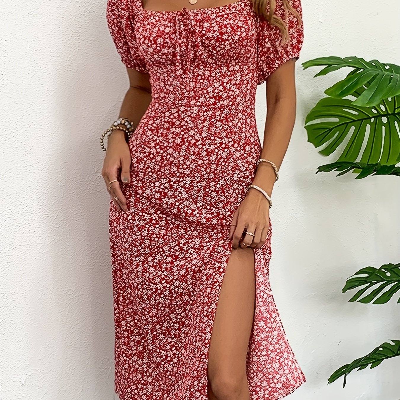 Sixsr Ditsy Floral Print Dress, Puff Sleeve Drawstring Split Hem Dress, Women's Clothing