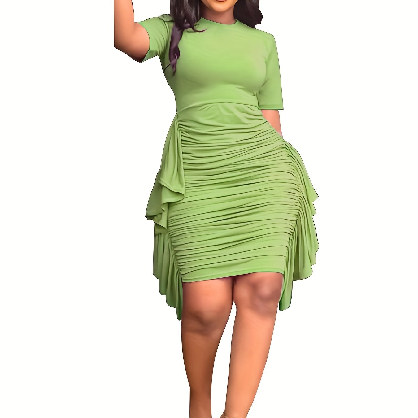 Sixsr Ruched Solid Slim Dress, Short Sleeve Crew Neck Cocktail Casual Dress, Women's Clothing