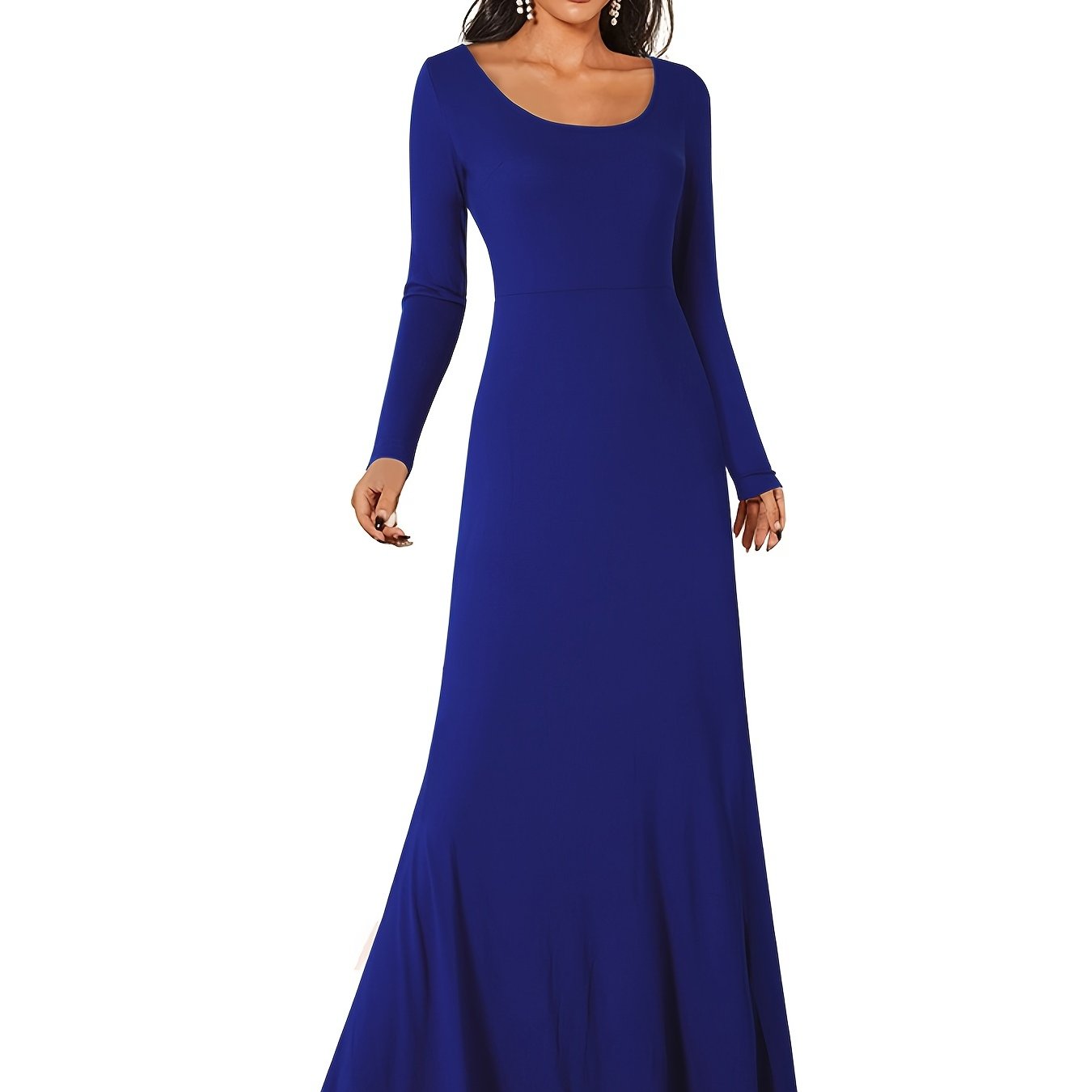 Sixsr Back Open Ankle Dress, Solid Long Sleeve Crew Neck Dress For Party, Women's Clothing
