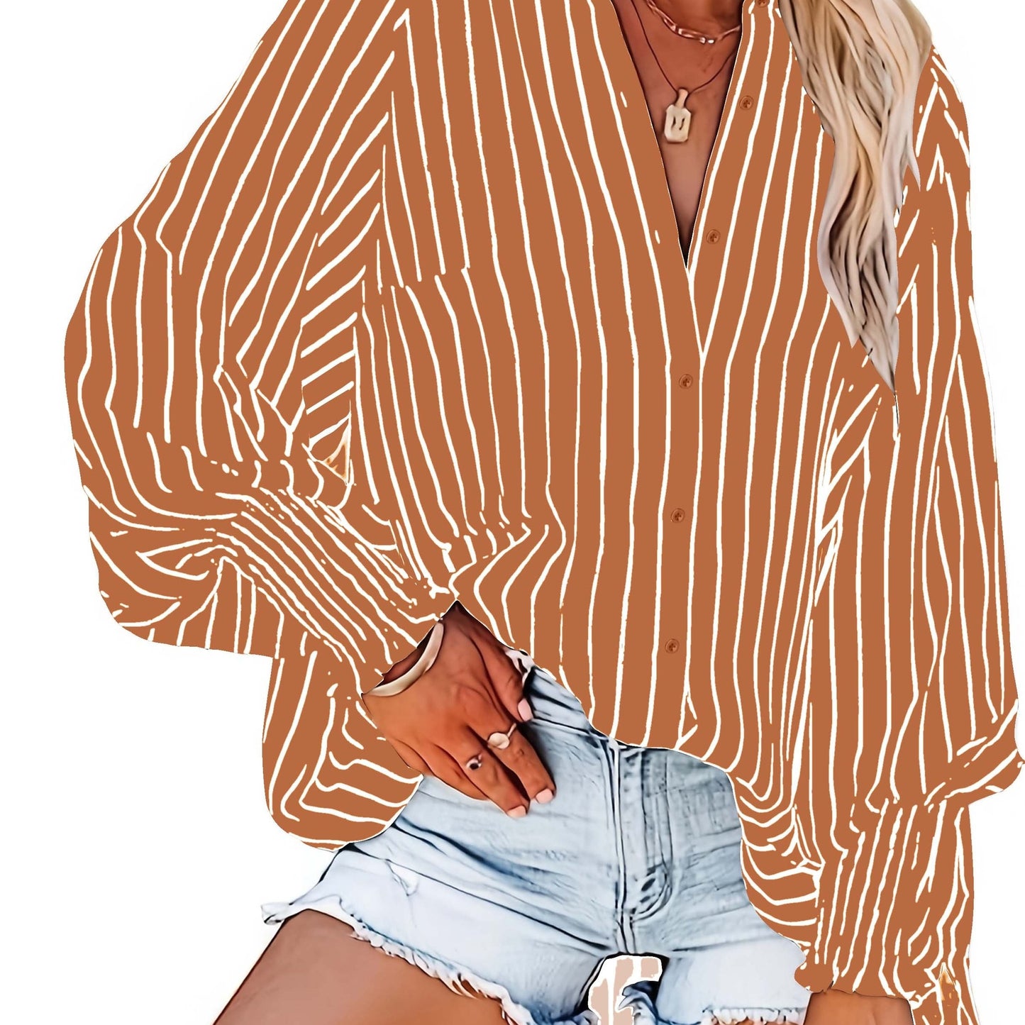 Sixsr Plus Size Casual Blouse, Women's Plus Striped Print Lantern Sleeve Button Up Lapel Collar Slight Stretch Tunic Shirt Top
