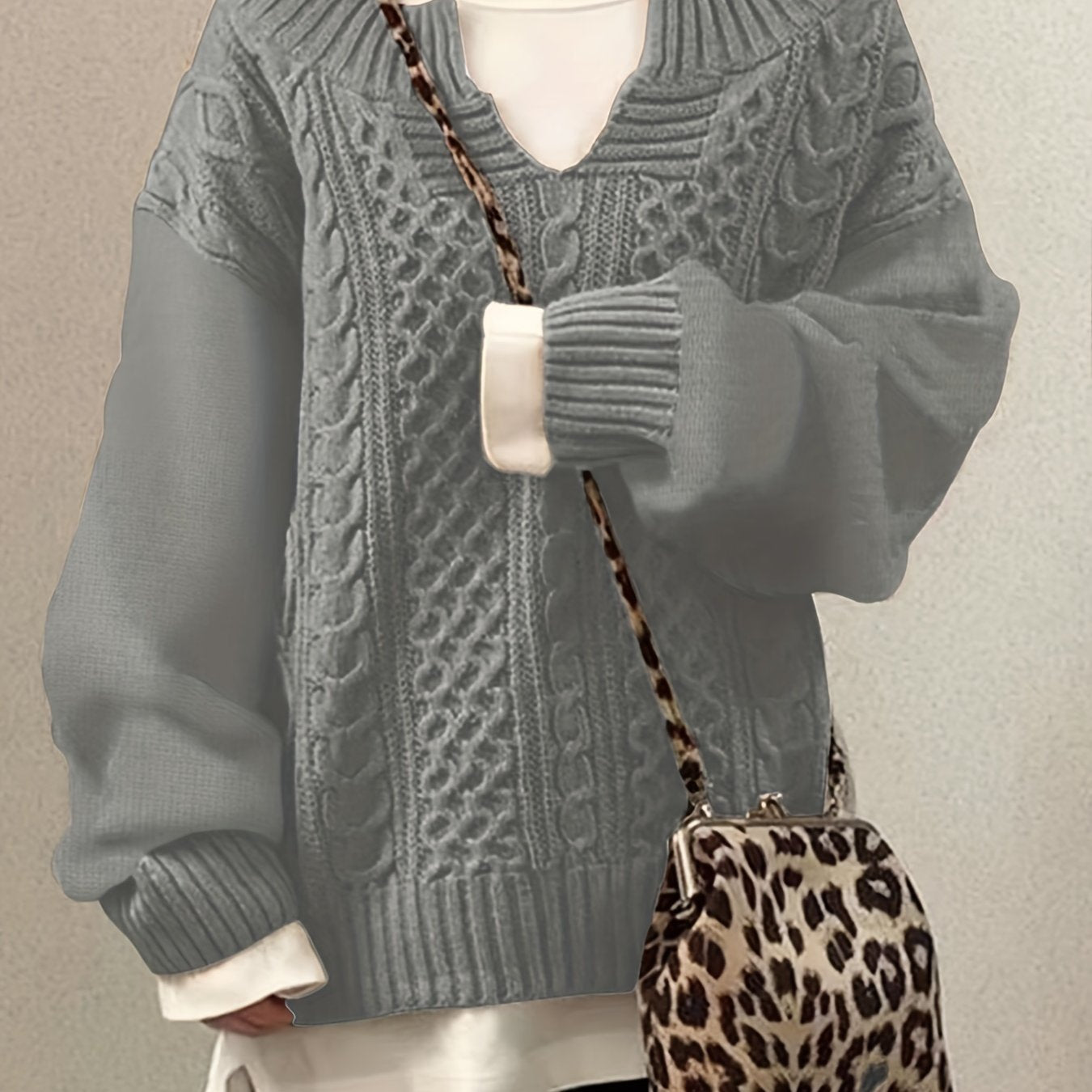 Sixsr Plus Size Casual Sweater, Women's Plus Solid Jacquard Long Sleeve Notched Neck Slight Stretch Sweater