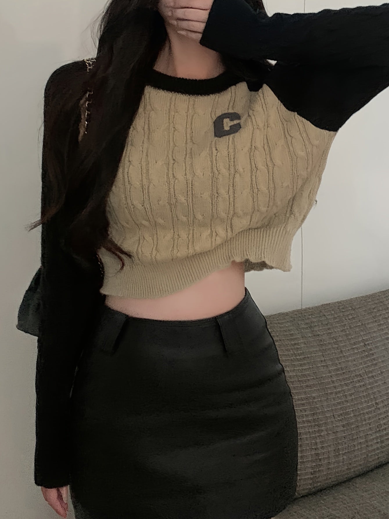 Sixsr Color Block Crew Neck Cable Knit Sweater, Casual Long Sleeve Pullover Sweater, Women's Clothing