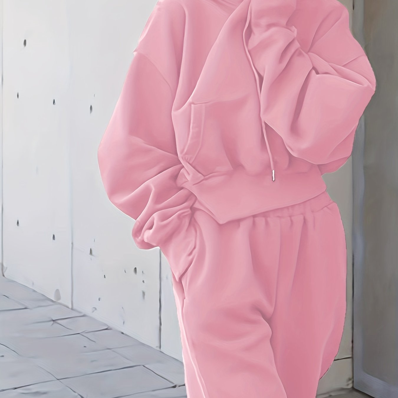 Sixsr 2pcs Athleisure Set, Oversized Solid Hooded Pocket Drawstring Sweatshirts & Sweatpants Sets, Women's Clothing