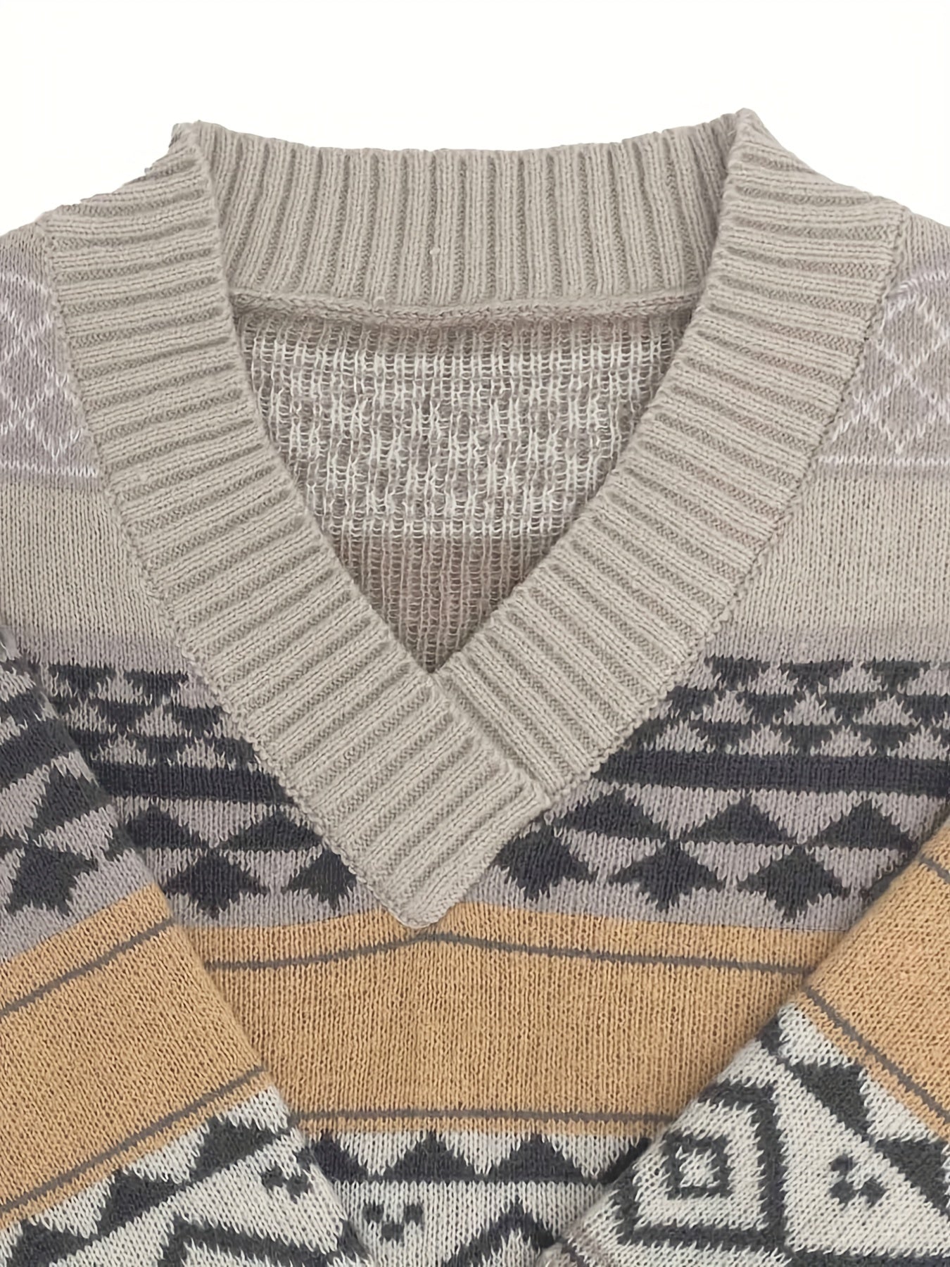 Sixsr Geometric Pattern V Neck Knitted Top, Casual Long Sleeve Sweater For Fall & Winter, Women's Clothing