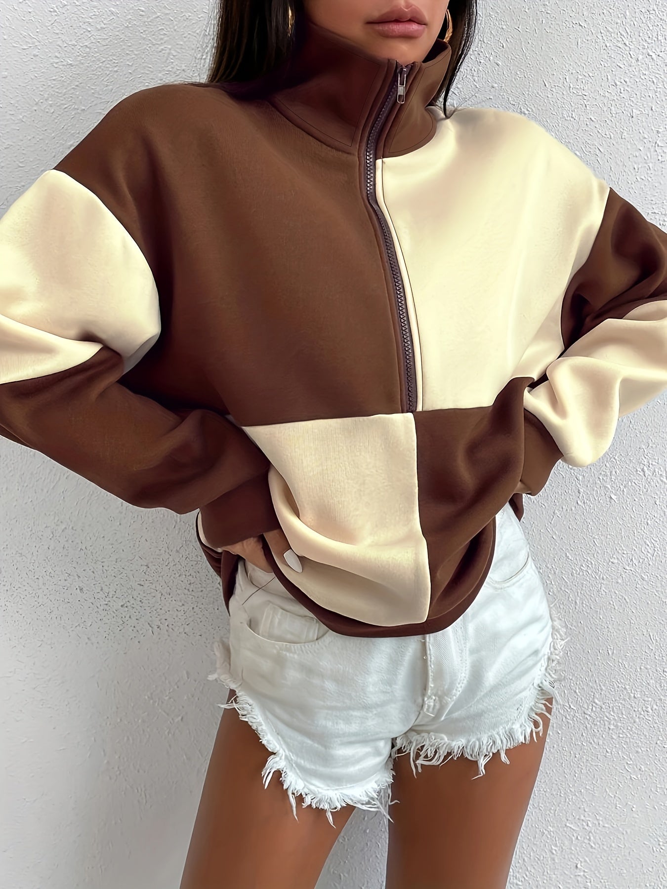 Sixsr Color Block Half Zip Up Sweatshirt , Long Sleeve Pullover Tops , Women's Clothings