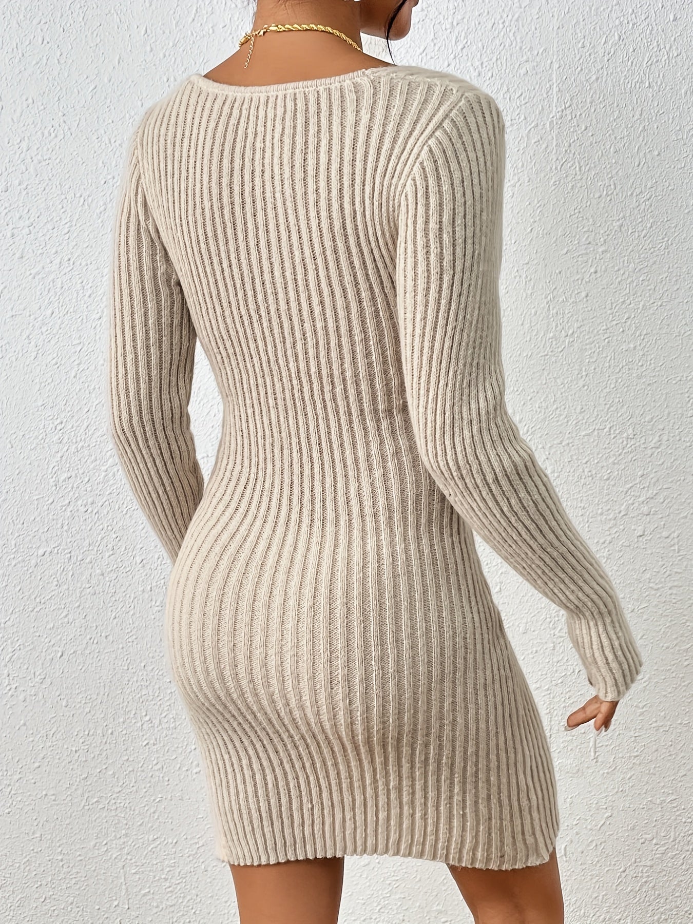 Sixsr Solid Surplice Neck Knitted Dress, Elegant Cross Long Sleeve Bodycon Dress For Spring & Fall, Women's Clothing