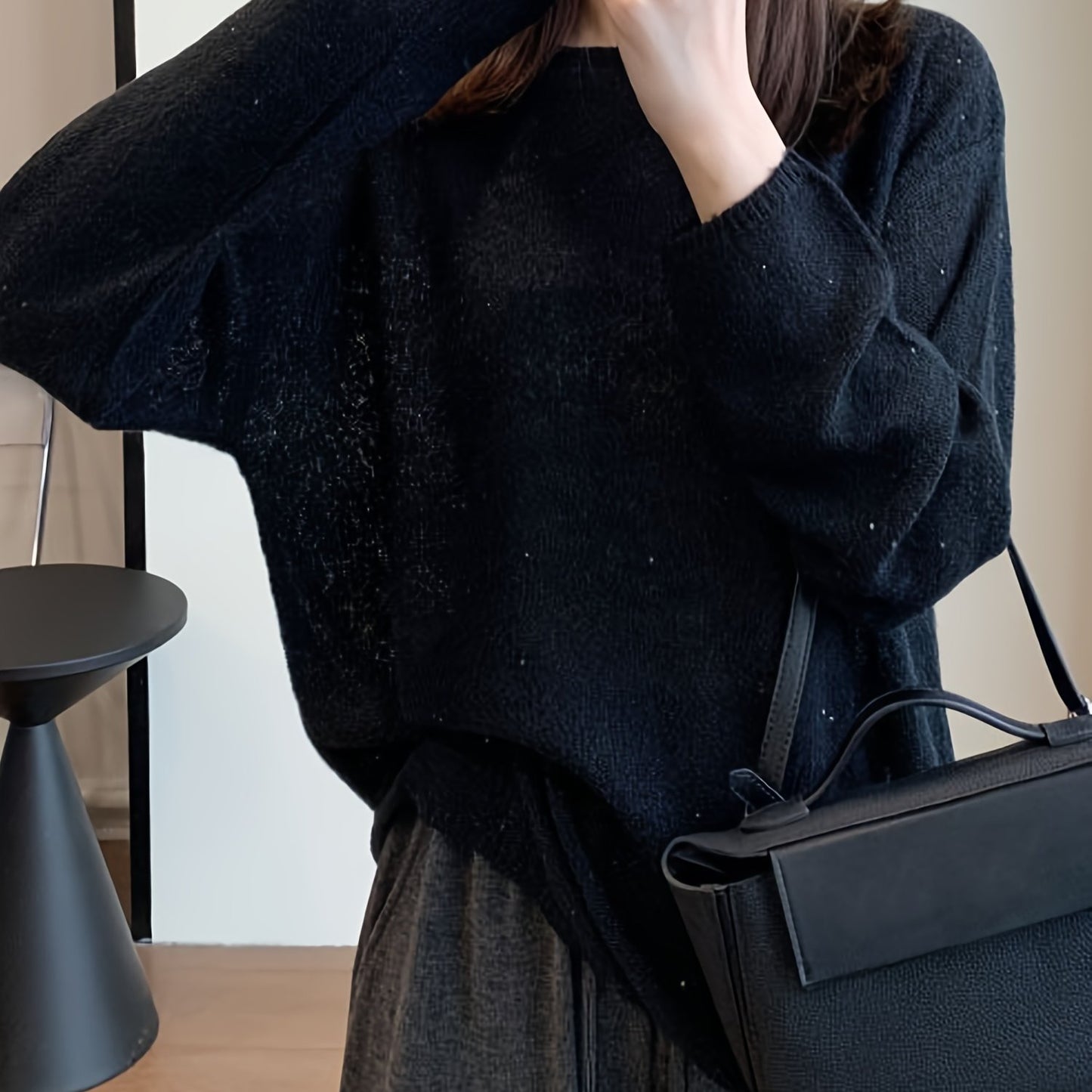 Sixsr Solid Crew Neck Pullover Sweater, Elegant Long Sleeve Drop Shoulder Sweater, Women's Clothing