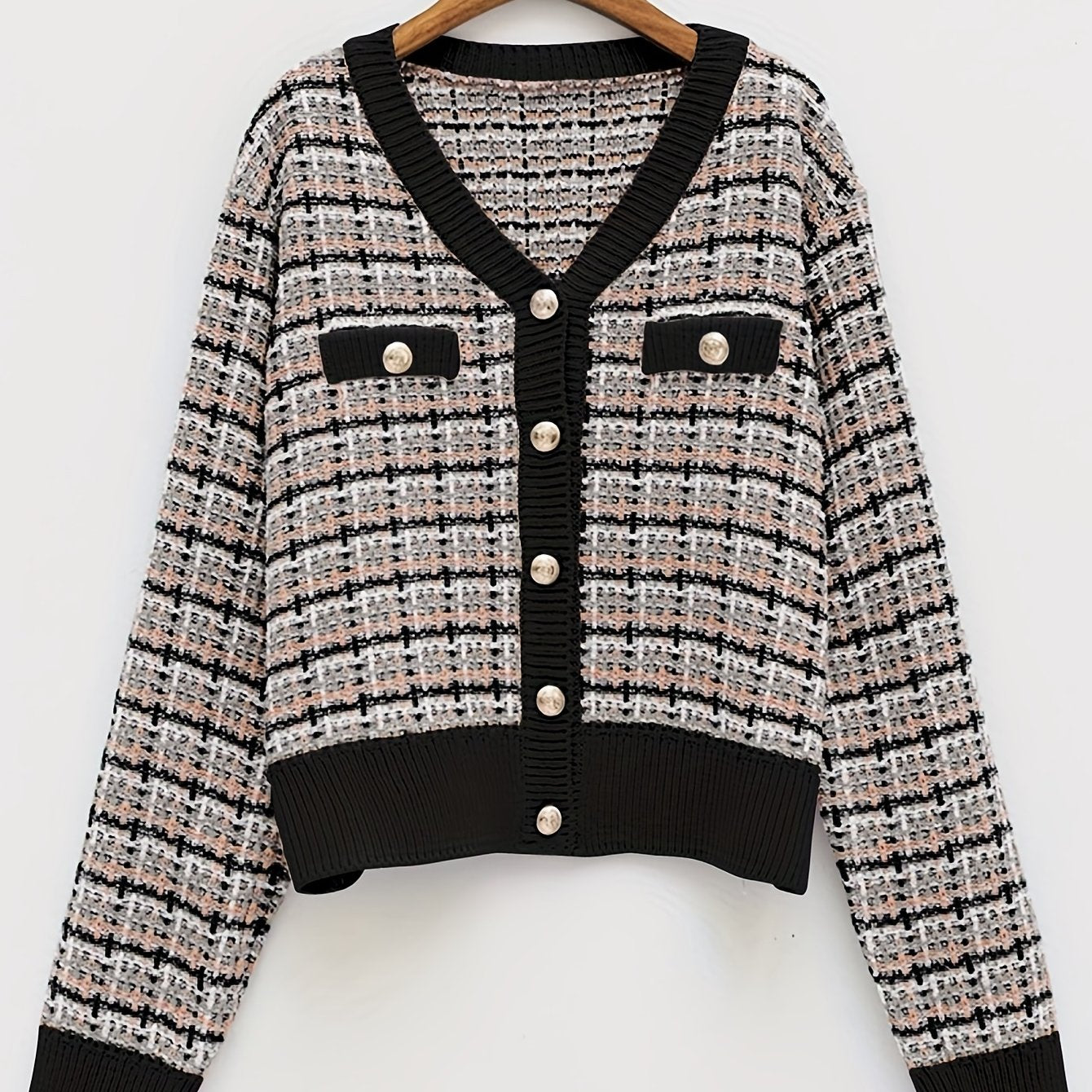 Sixsr Plaid Pattern V Neck Button Up Cardigan, Casual Long Sleeve Fake Pockets Cardigan For Spring & Fall, Women's Clothing