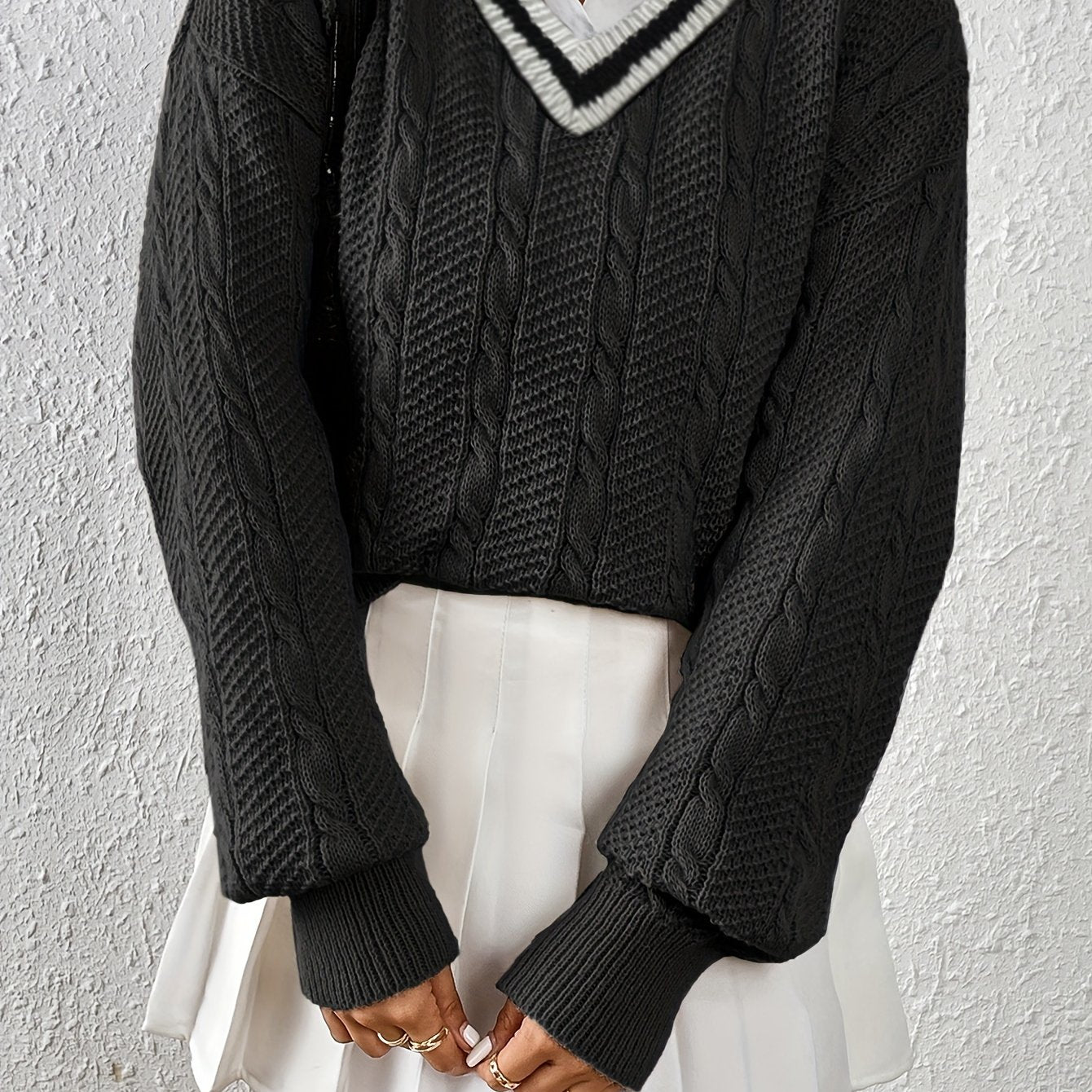 Sixsr Cable Knit V Neck Pullover Sweater, Casual Long Sleeve Loose Sweater, Women's Clothing