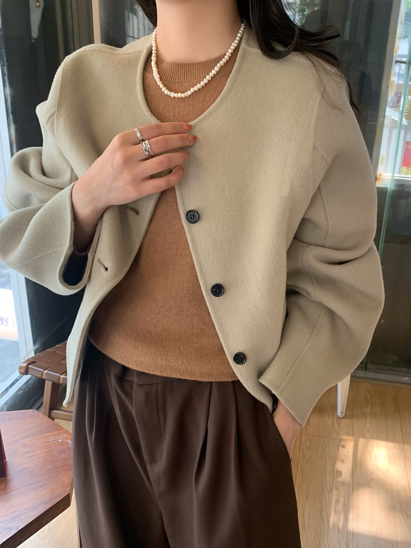 Sixsr Button Front Solid Fall & Winter Jacket, Elegant Crew Neck Long Sleeve Outerwear, Women's Clothing