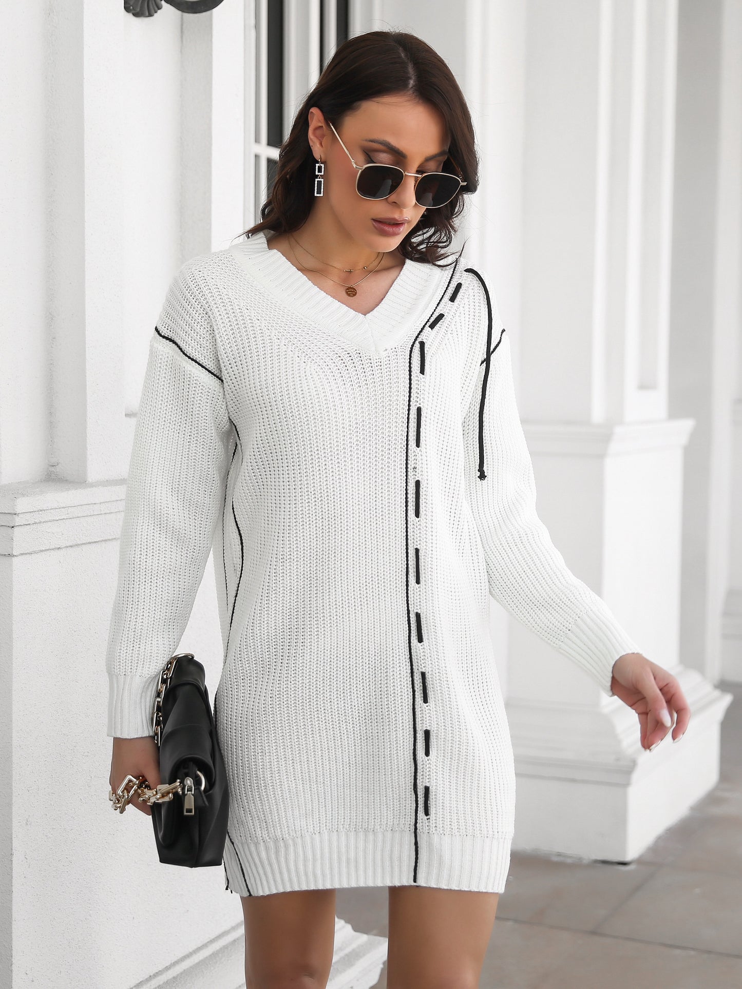 Sixsr Women's Sweater Drawstring Sweater Skirt V Neck Long Sleeve Knit Sweater Dress
