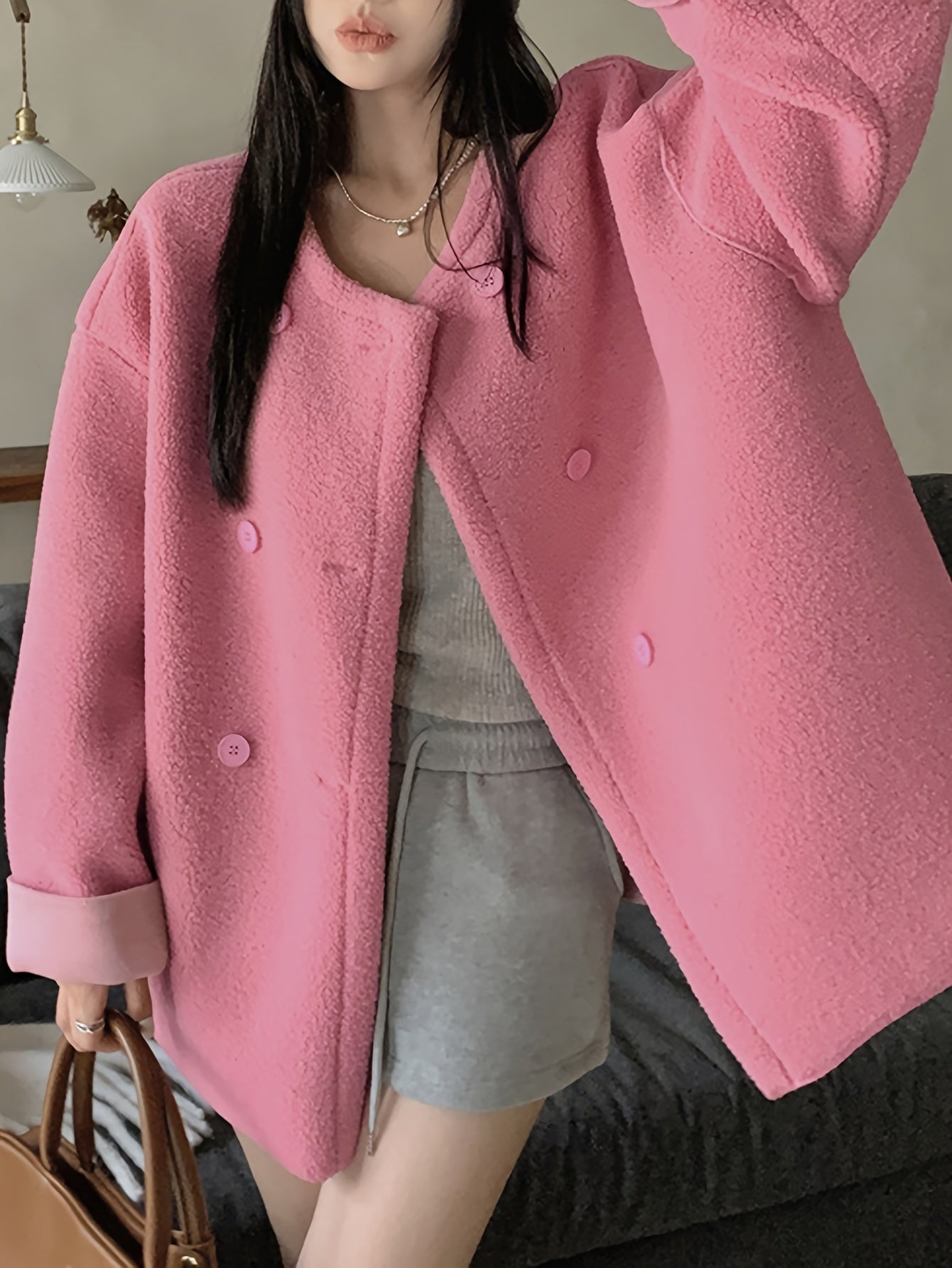 Sixsr Button Front Fuzzy Jacket, Elegant Long Sleeve Drop Shoulder Coat For Fall & Winter, Women's Clothing
