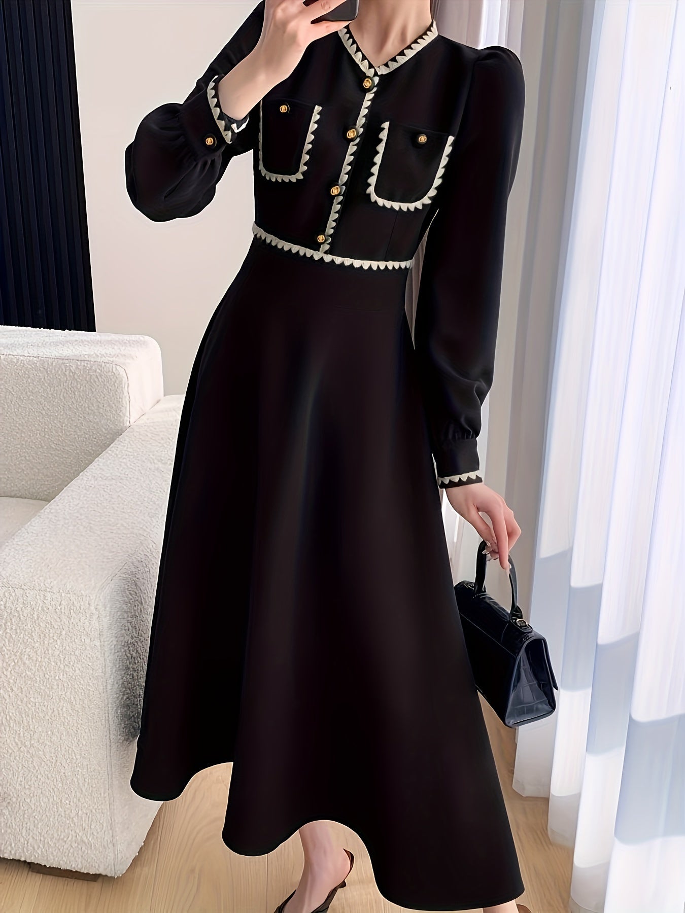 Sixsr Contrast Trim Cuff Sleeve Button Dress, Elegant V Neck A-line Dress For Spring & Fall, Women's Clothing