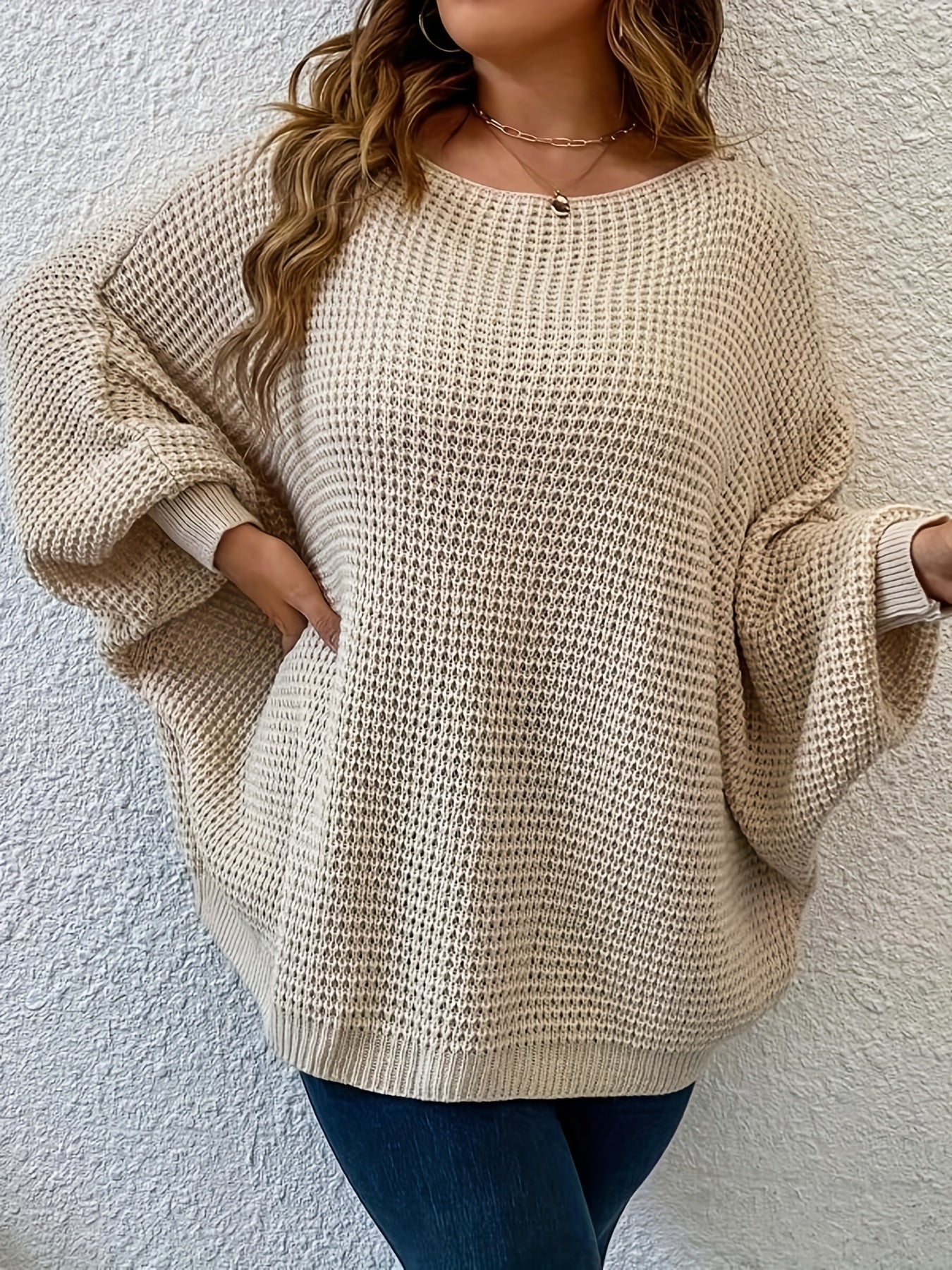 Sixsr Plus Size Casual Sweater, Women's Plus Plain Bat Sleeve Round Neck Slight Stretch Pullover Sweater