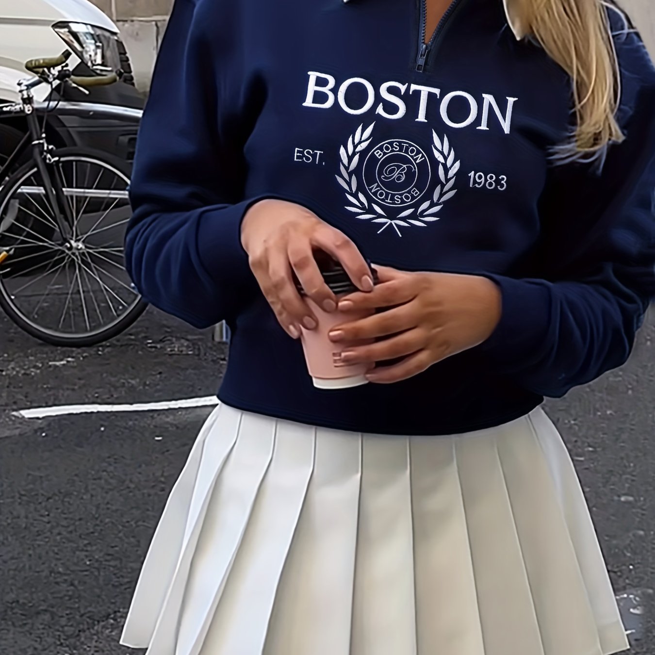 Sixsr Boston Print Zip Sweatshirt, Casual Long Sleeve Polo Collar Sweatshirt, Women's Clothing