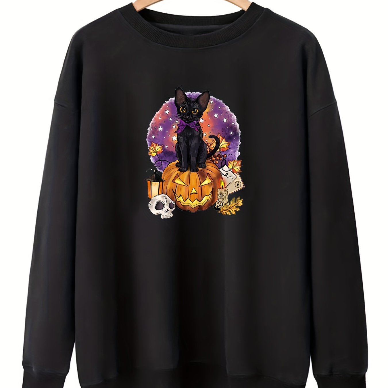 Sixsr Plus Size Halloween Casual Sweatshirt, Women's Plus Cat & Skull & Pumpkin Print Round Neck Long Sleeve Sweatshirt
