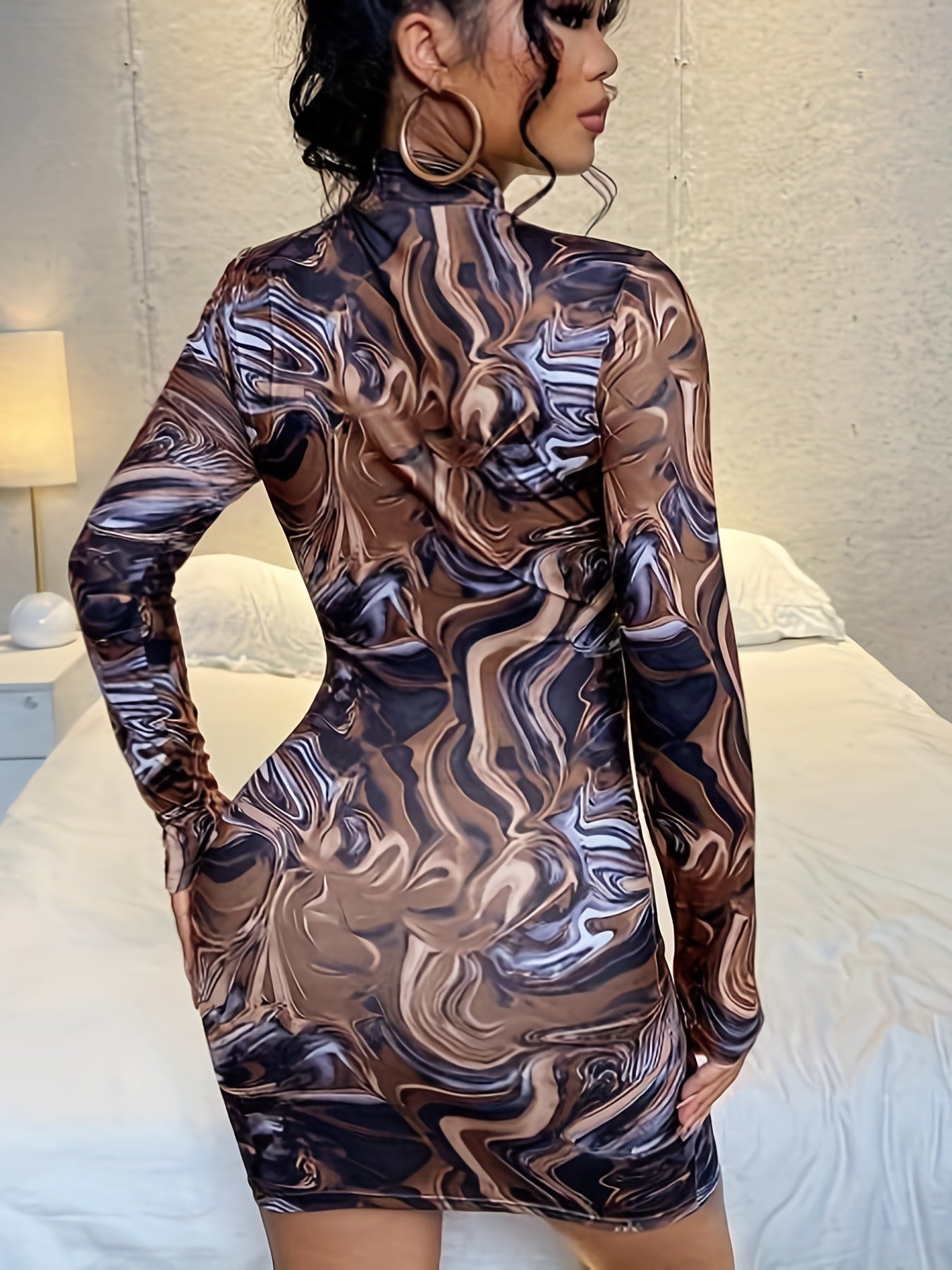Sixsr Abstract Ripple Print Dress, Sexy Mock Neck Long Sleeve Bodycon Dress, Women's Clothing