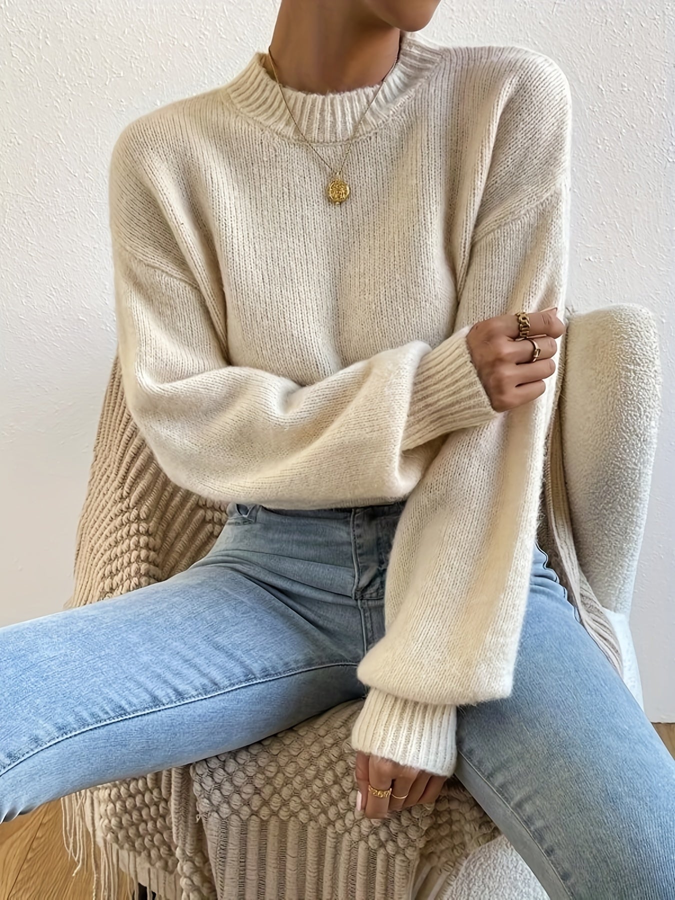 Sixsr Solid Crew Neck Pullover Sweater, Casual Long Sleeve Sweater For Fall & Winter, Women's Clothing