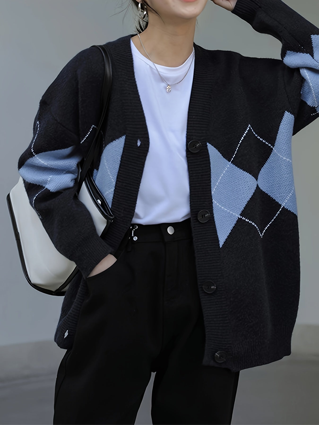 Sixsr Argyle Pattern Button Front Cardigan, Casual Long Sleeve Cardigan For Spring & Fall, Women's Clothing