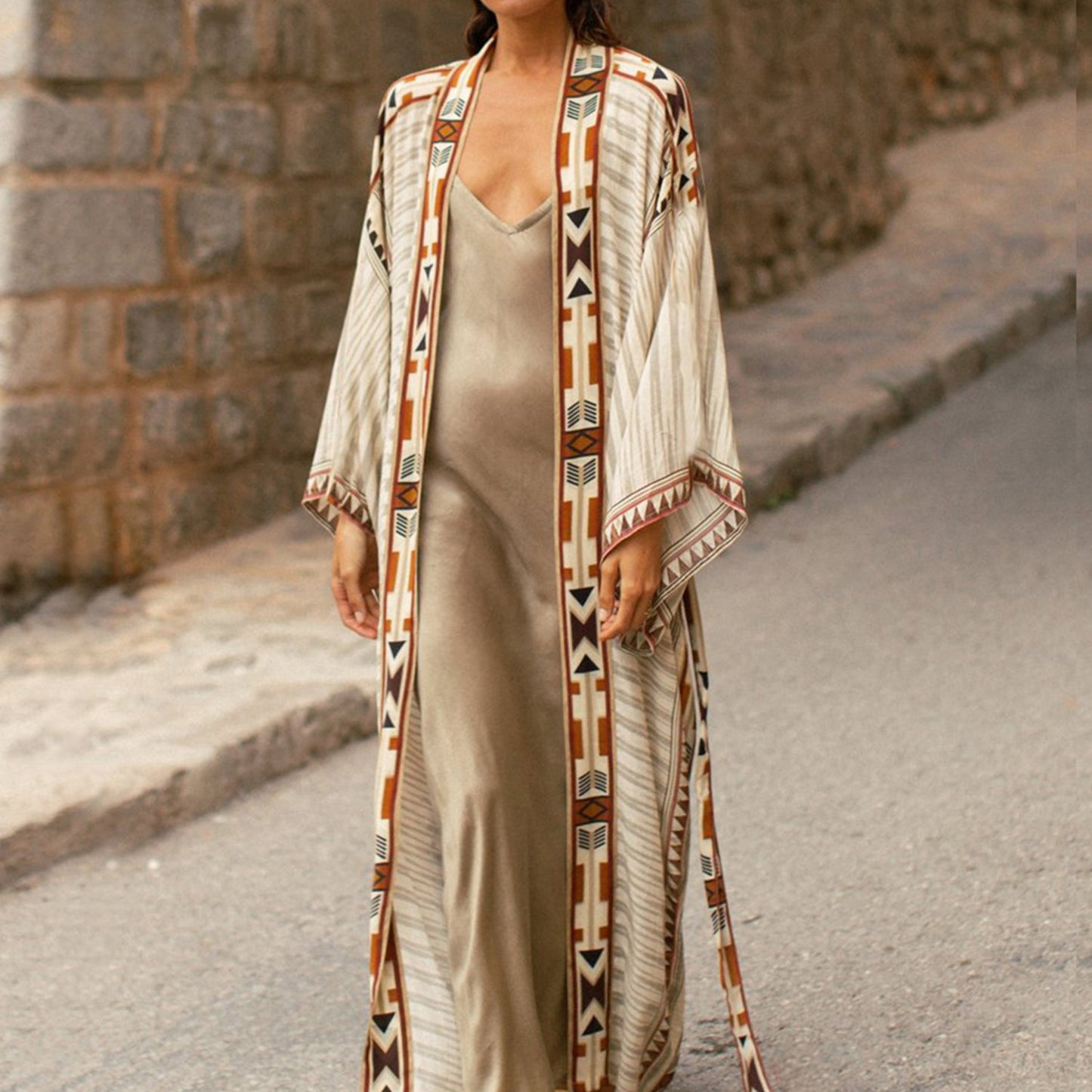 Sixsr Geo Print Open Front Belted Kimono, Boho Long Sleeve Beachwear Cove Up, Women's Clothing