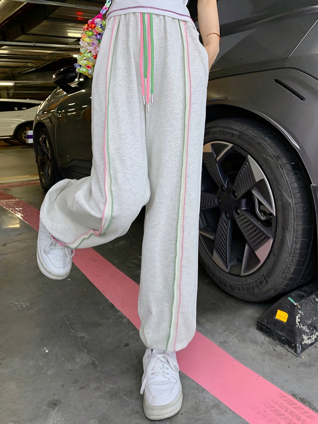 Sixsr Top-stitching Baggy Jogger Pants, Casual Drawstring Sporty Pants With Pocket, Women's Clothing