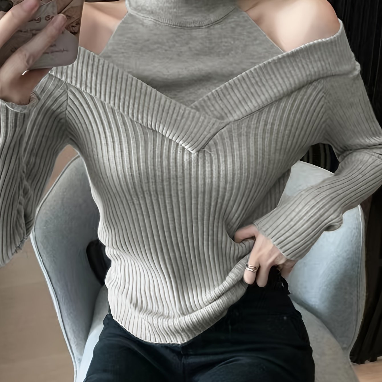Sixsr Cold Shoulder Choker Neck Sweater, Chic Long Sleeve Sweater For Fall & Winter, Women's Clothing