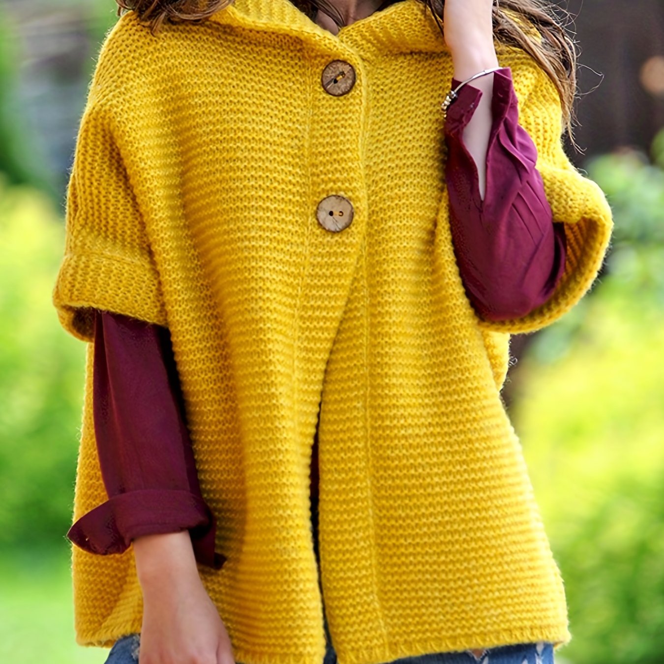 Sixsr Plus Size Casual Sweater, Women's Plus Solid Button Up Short Sleeve Hooded Sweater