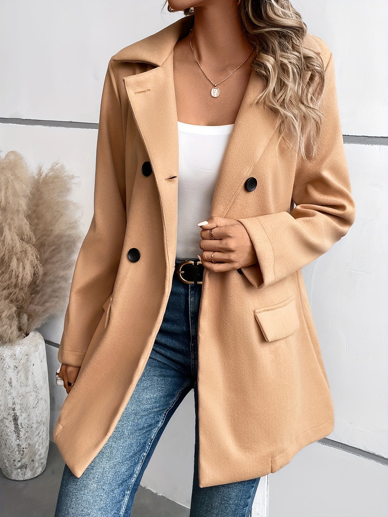 Belted Double Breasted Pocket Trench Coat, Casual Lapel Neck Long Sleeve Coat, Women's Clothing